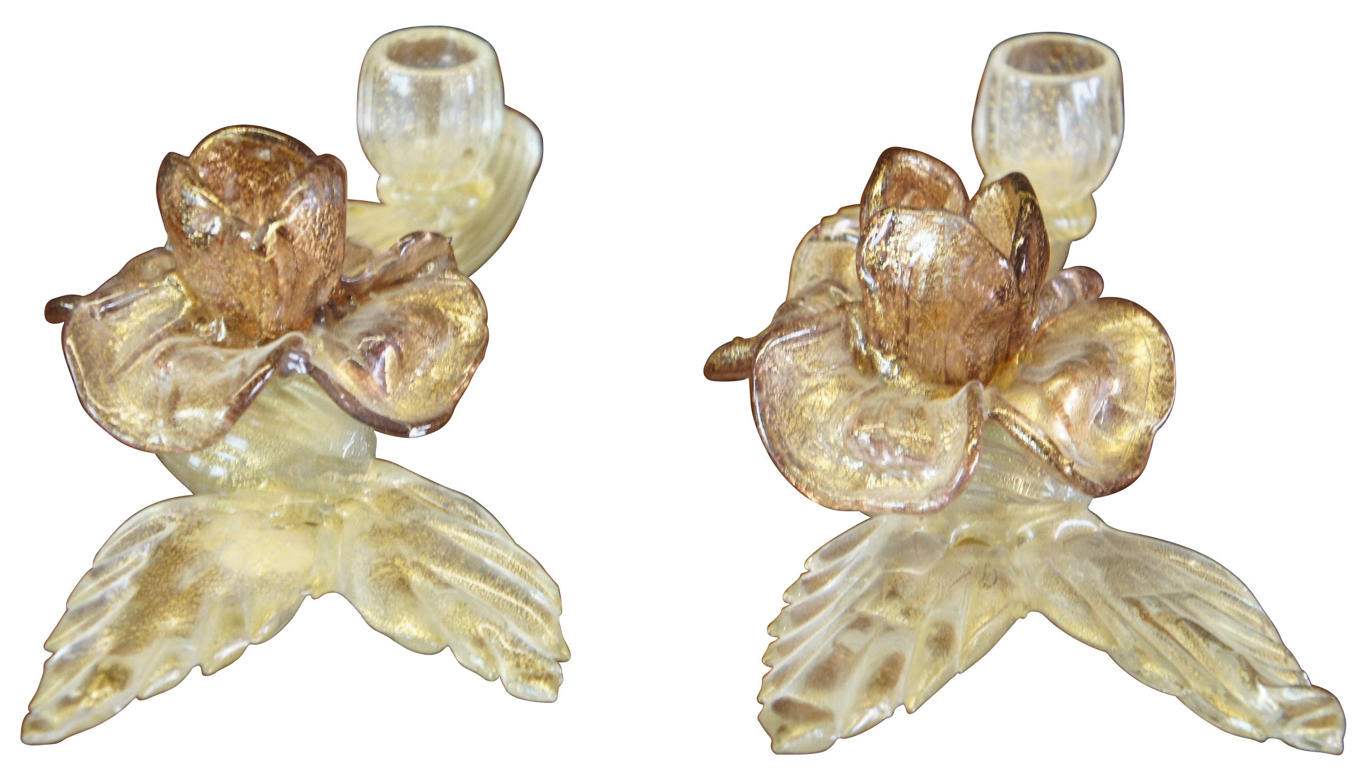 Two mid century Murano art glass double candle holders or candlesticks featuring flowers / floral form and 24k gold flakes. Venezia Italy.