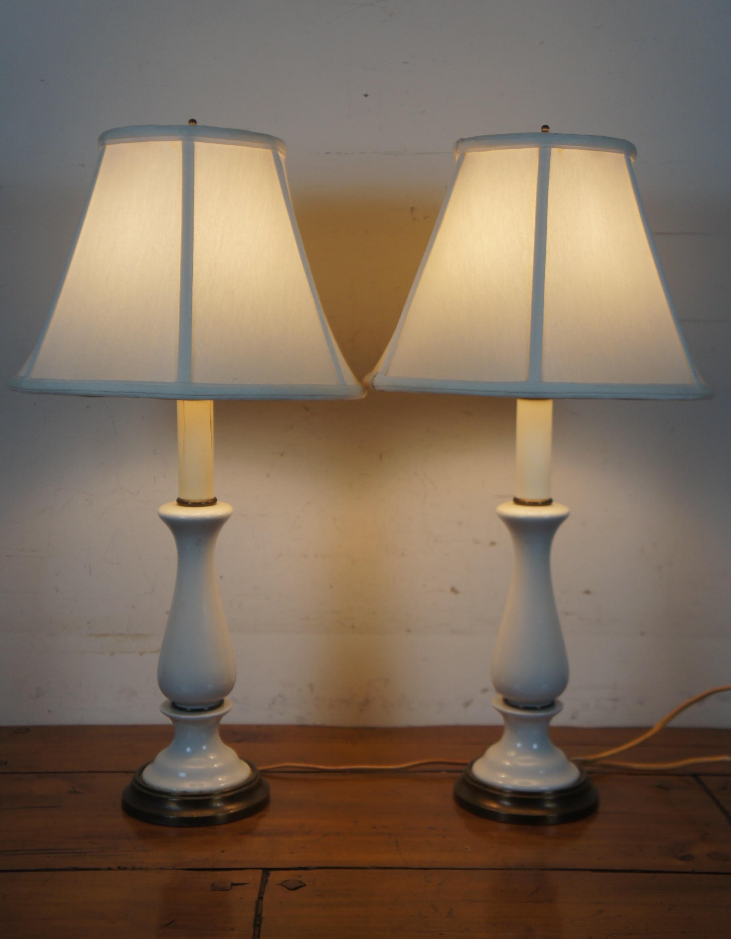 20th Century 2 Mid Century Kichler White Porcelain Candlestick Vanity Table Lamps For Sale
