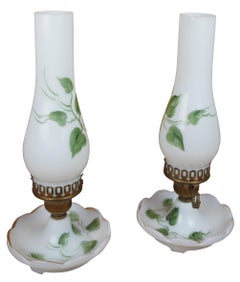 2 Mid Century Milk Glass Hurricane Chamber Boudoir Vanity Parlor Lamps