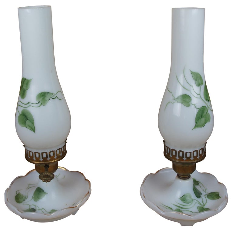 2 Mid Century Milk Glass Hurricane Chamber Boudoir Vanity Parlor Lamps