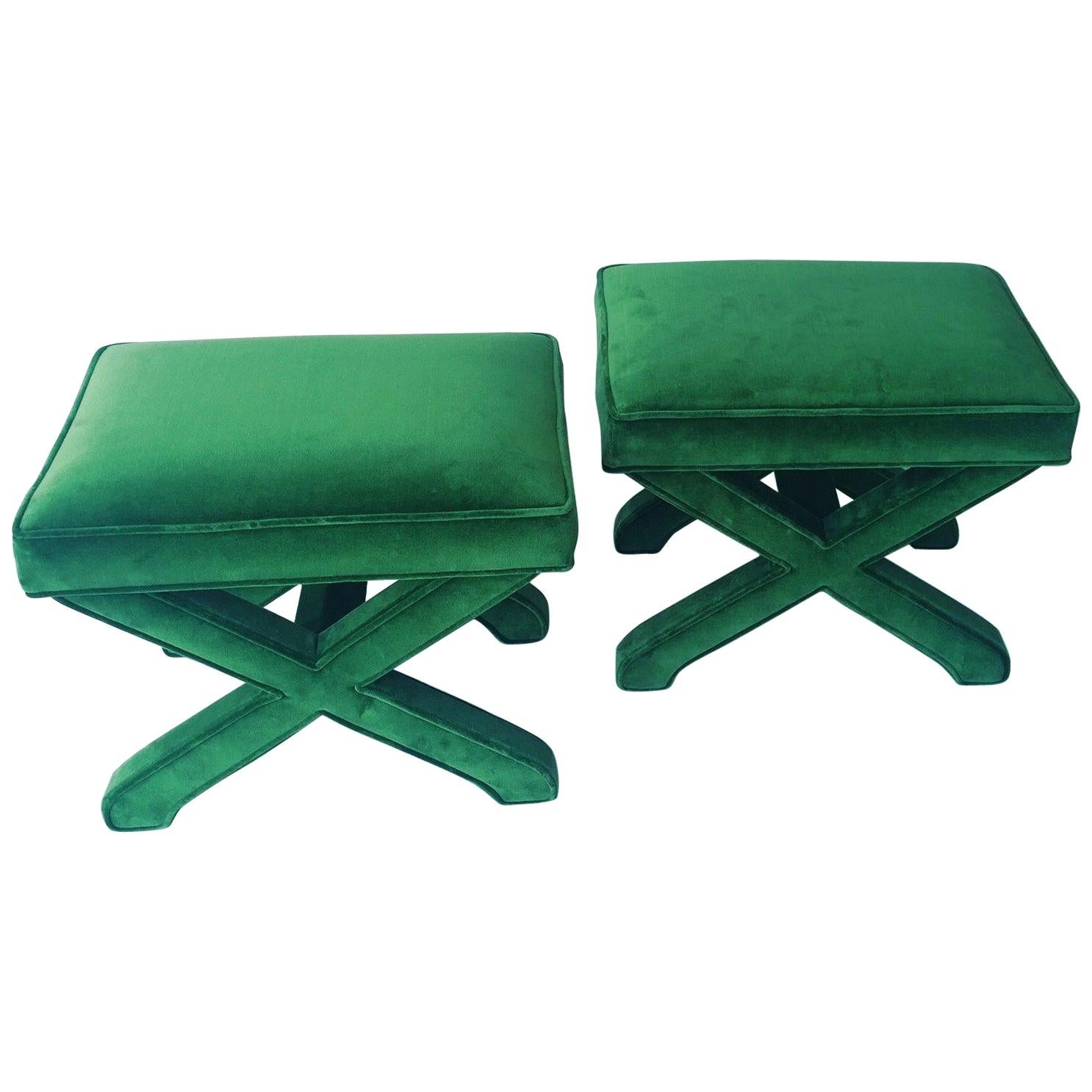 2 Mid-Century Modern Baldwin/ Baughman Style X Benches in Emerald Green Velvet For Sale