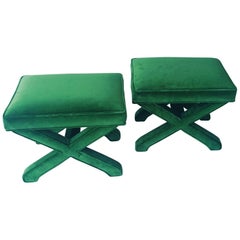 2 Mid-Century Modern Baldwin/ Baughman Style X Benches in Emerald Green Velvet
