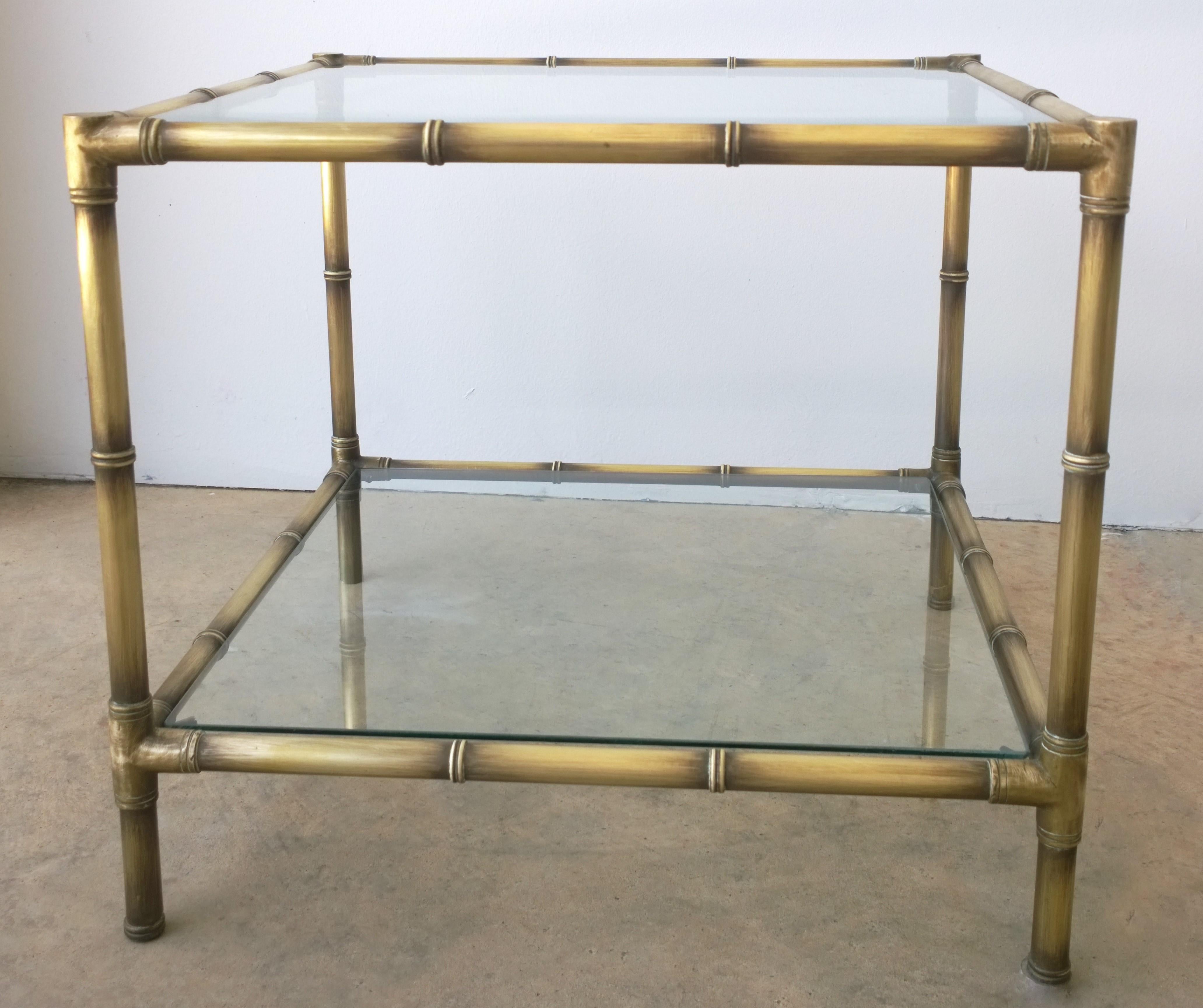 Set of Two Faux Bamboo Brushed Brass and Glass Side Tables or End Tables For Sale 7