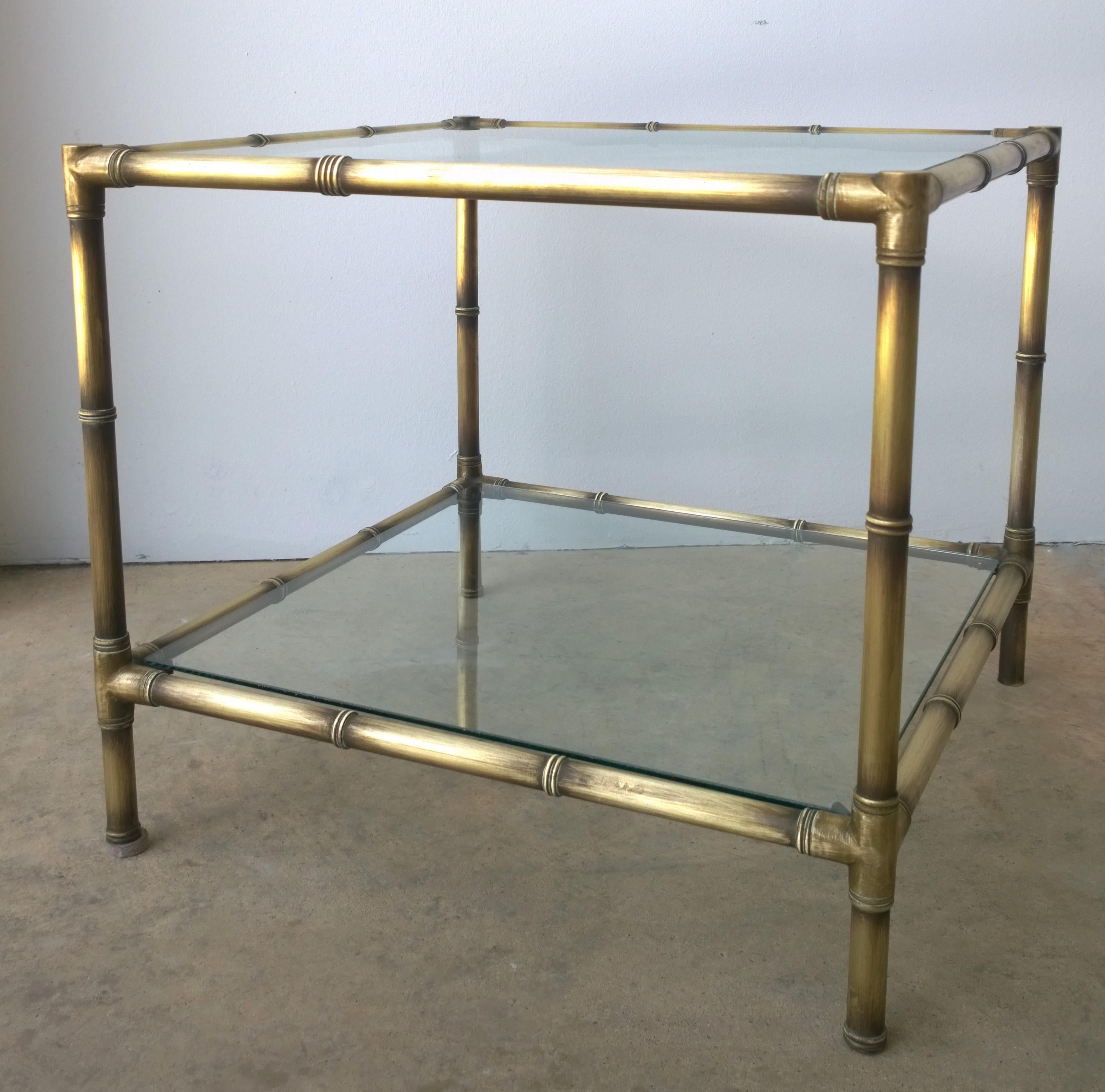 Set of Two Faux Bamboo Brushed Brass and Glass Side Tables or End Tables For Sale 8