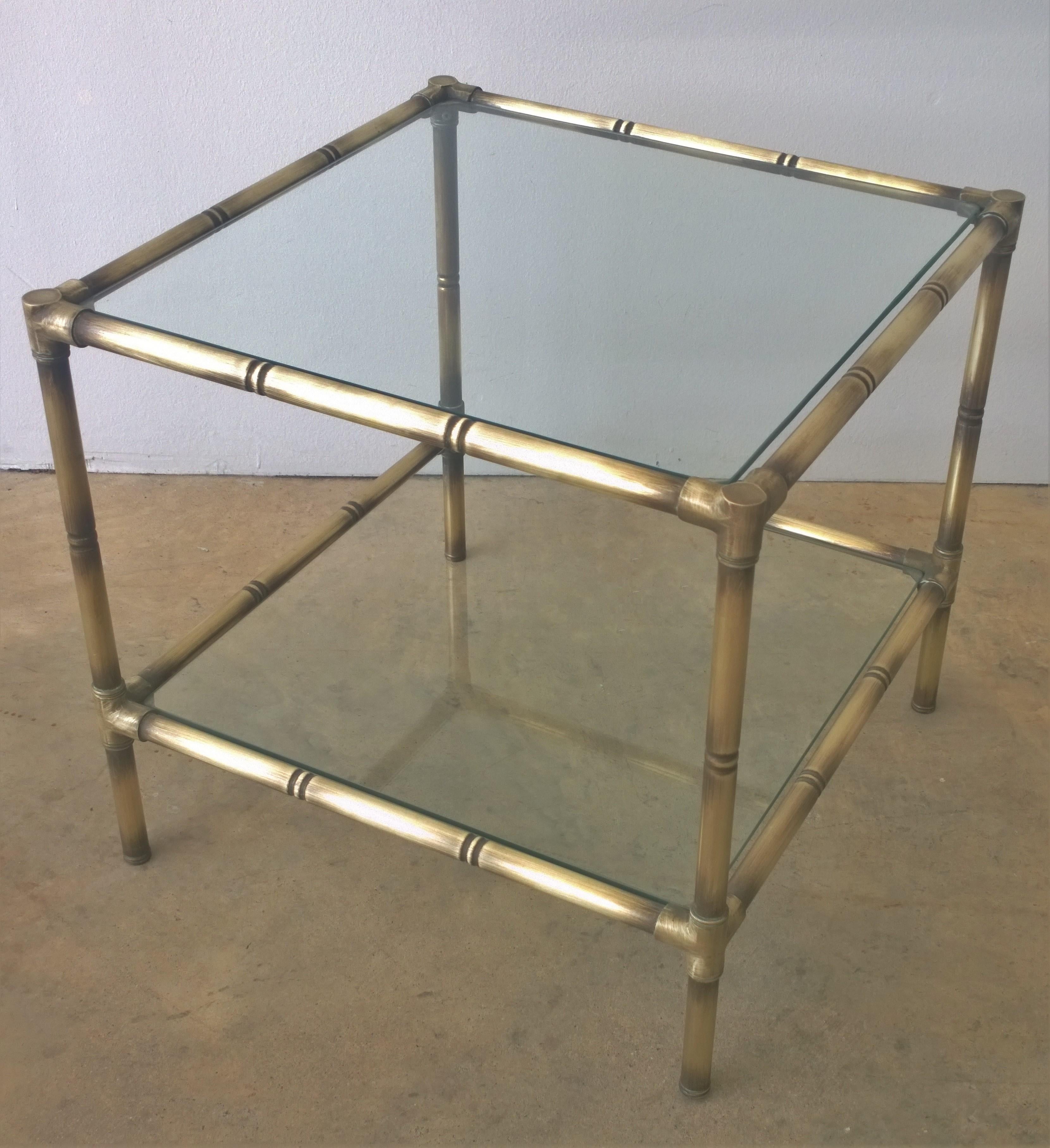 Mid-Century Modern Set of Two Faux Bamboo Brushed Brass and Glass Side Tables or End Tables For Sale