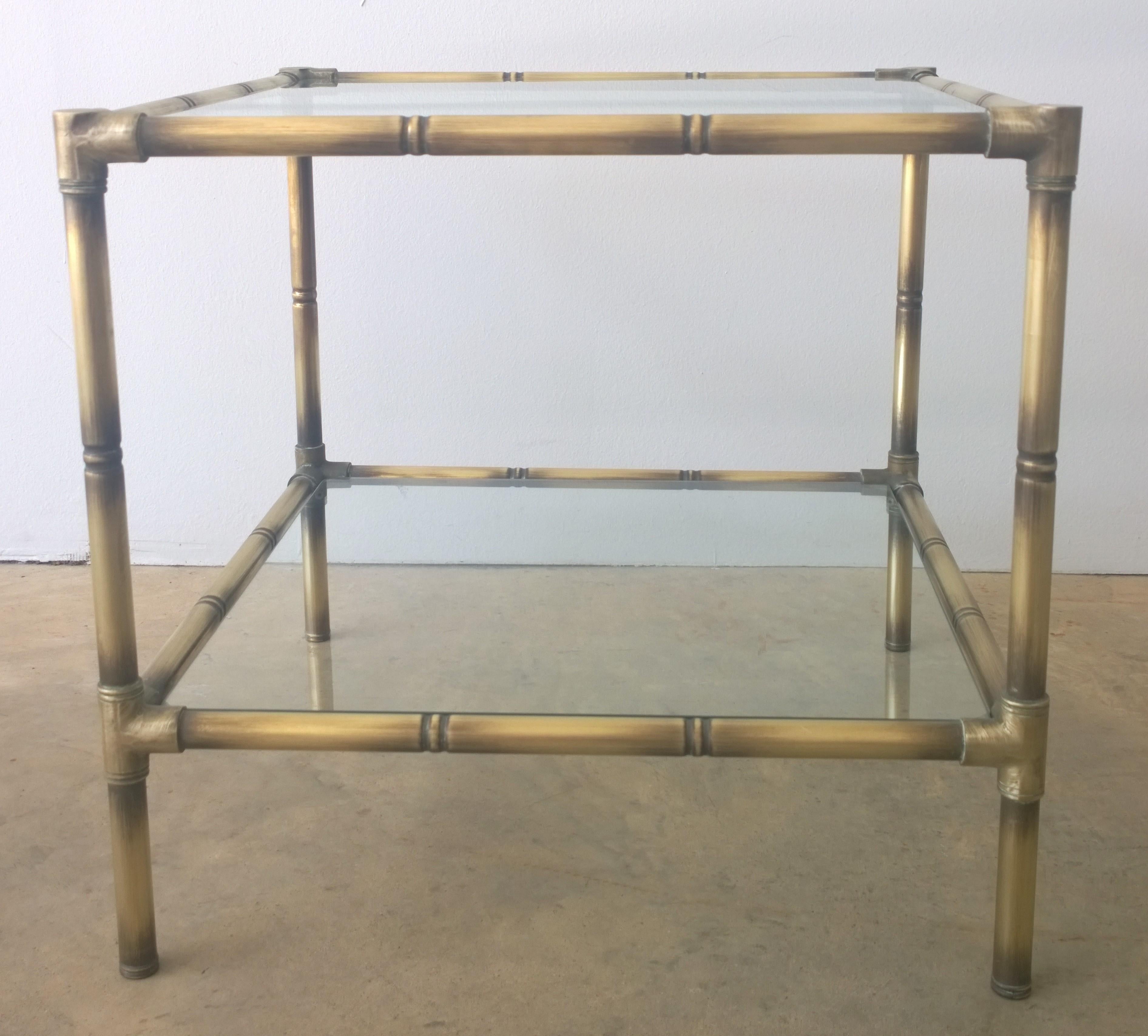 Argentine Set of Two Faux Bamboo Brushed Brass and Glass Side Tables or End Tables For Sale