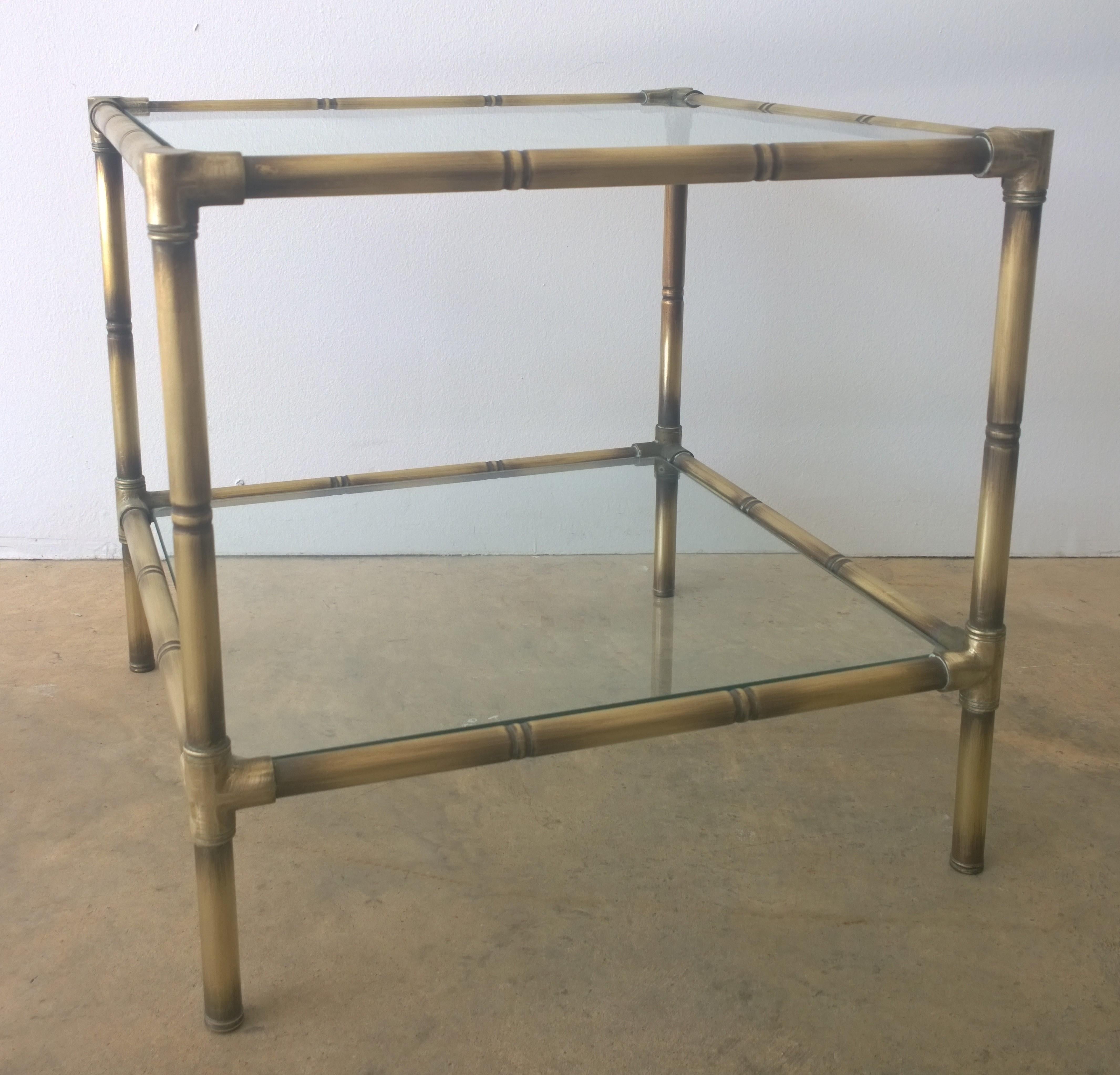 Set of Two Faux Bamboo Brushed Brass and Glass Side Tables or End Tables In Good Condition For Sale In Houston, TX