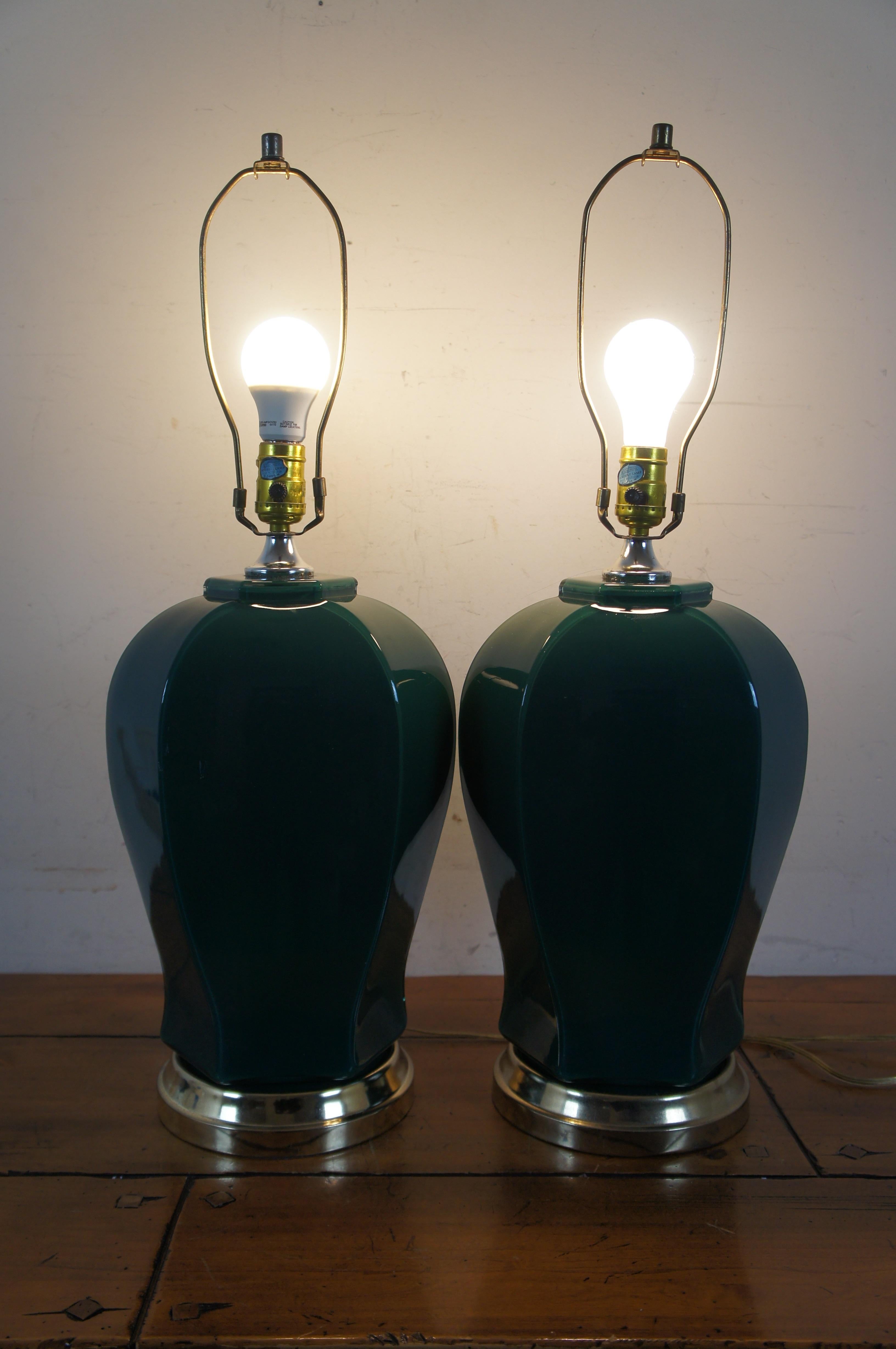 2 Mid Century Modern Forest Green Glass Ginger Jar Urn Table Lamps 28