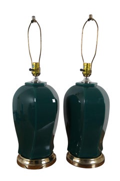 2 Mid Century Modern Forest Green Glass Ginger Jar Urn Table Lamps 28"