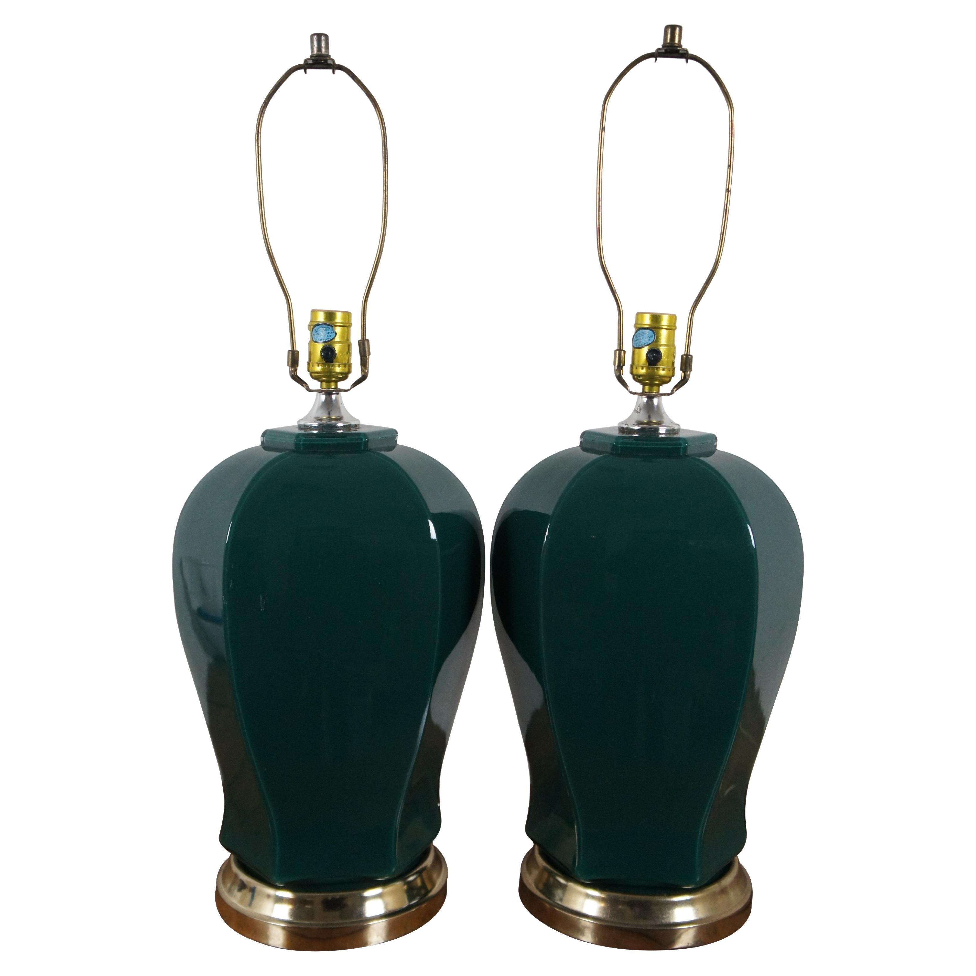 2 Mid Century Modern Forest Green Glass Ginger Jar Urn Table Lamps 28" For Sale