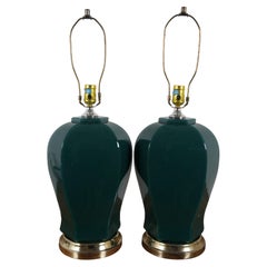 Vintage 2 Mid Century Modern Forest Green Glass Ginger Jar Urn Table Lamps 28"