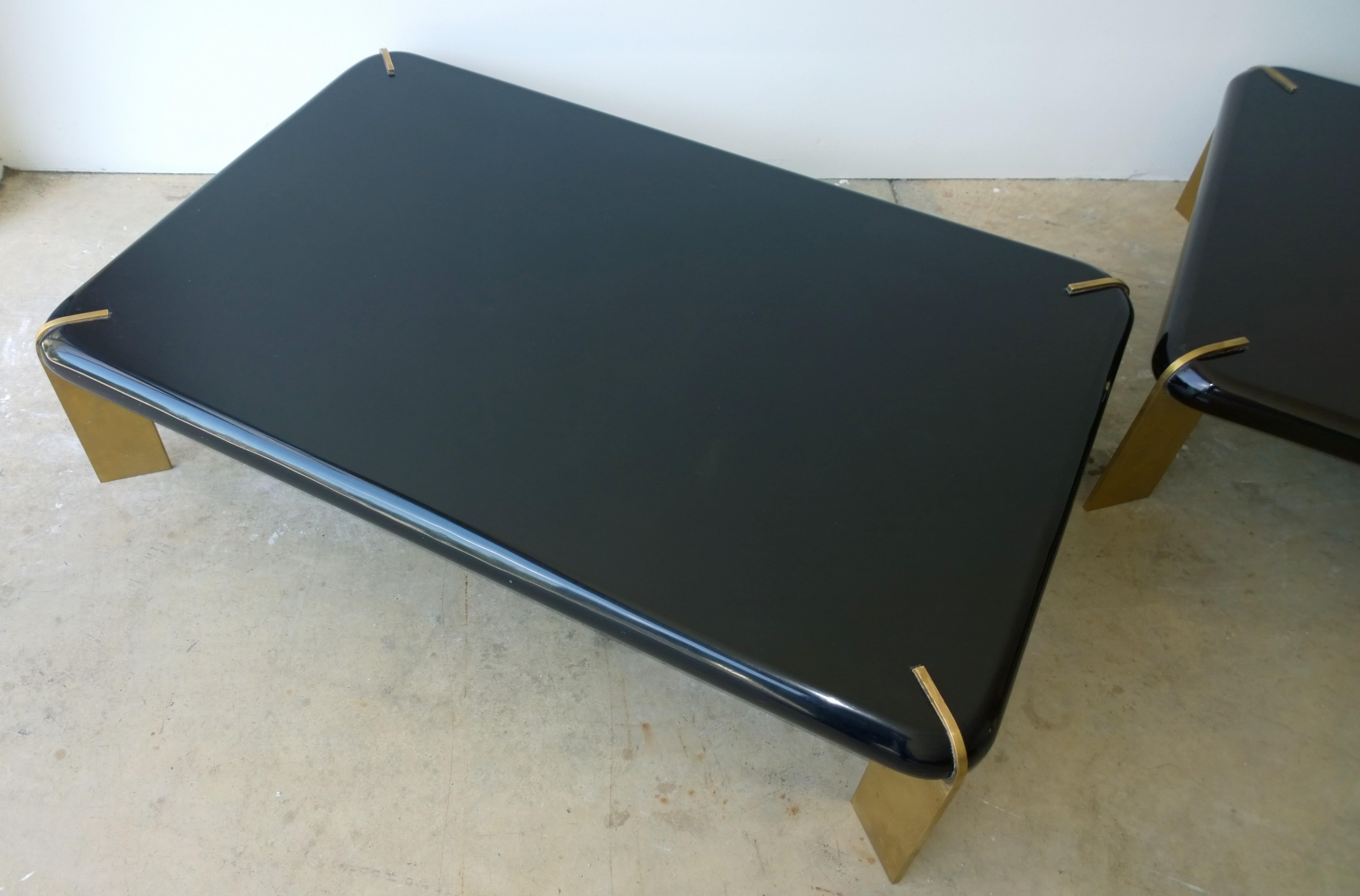 Mid-Century Modern Two French Lacquered Black Wood and Four Bronze Legs Cocktail Coffee Tables For Sale