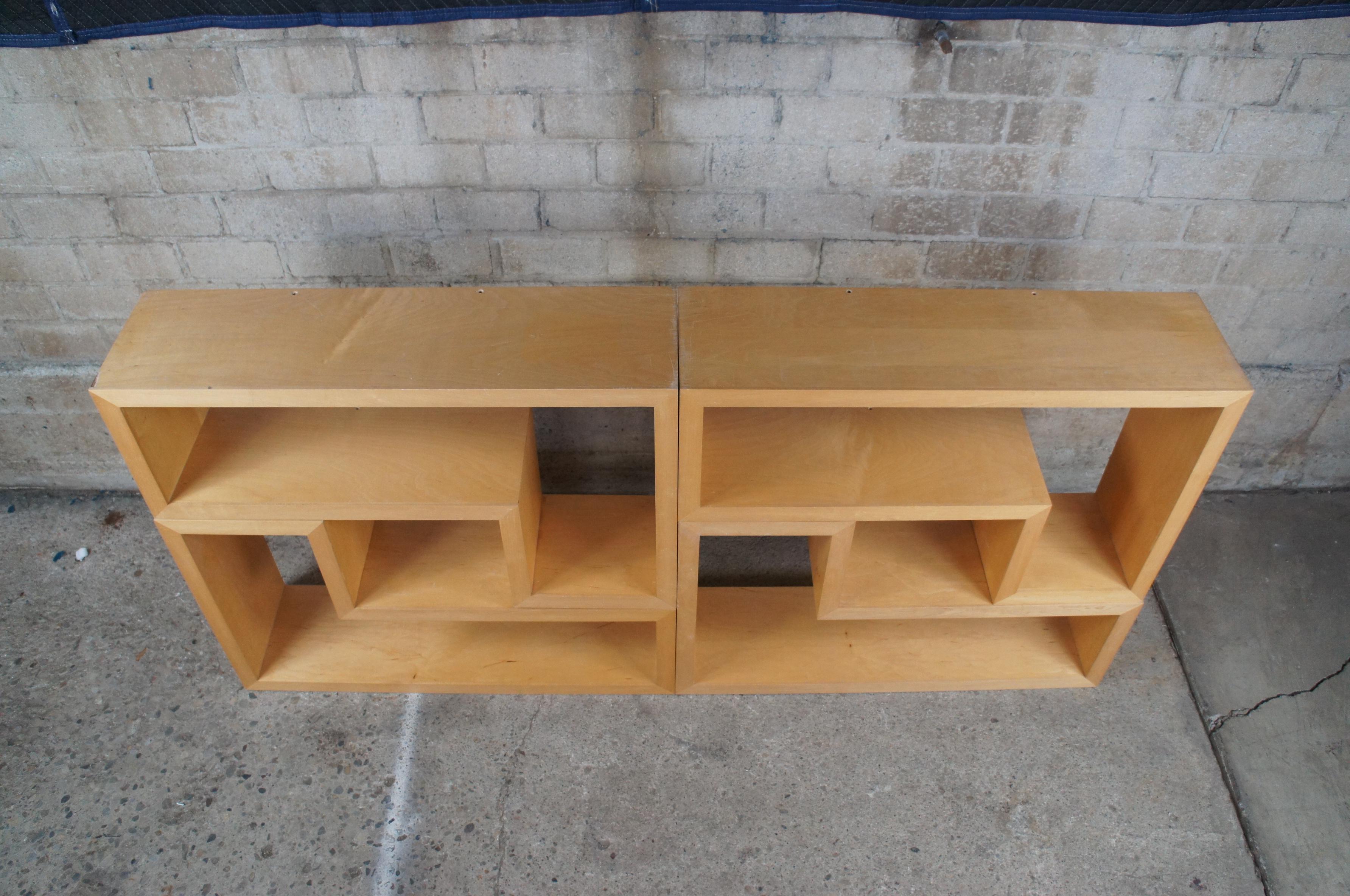 2 Mid-Century Modern Geometric Modular Maple Shelving Bookcases Console Etagere In Good Condition For Sale In Dayton, OH