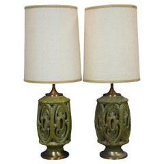 2 Mid-Century Modern Green Ceramic Table Lamps MCM Vintage Tiki Wescal