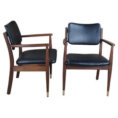 Retro 2 Mid Century Modern Gregson Danish Style Walnut & Leather Arms Chairs MCM Pair