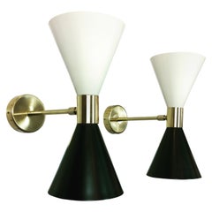 2 Mid-Century Modern Italian Stilnovo Style Enameled Aluminum and Brass Sconces
