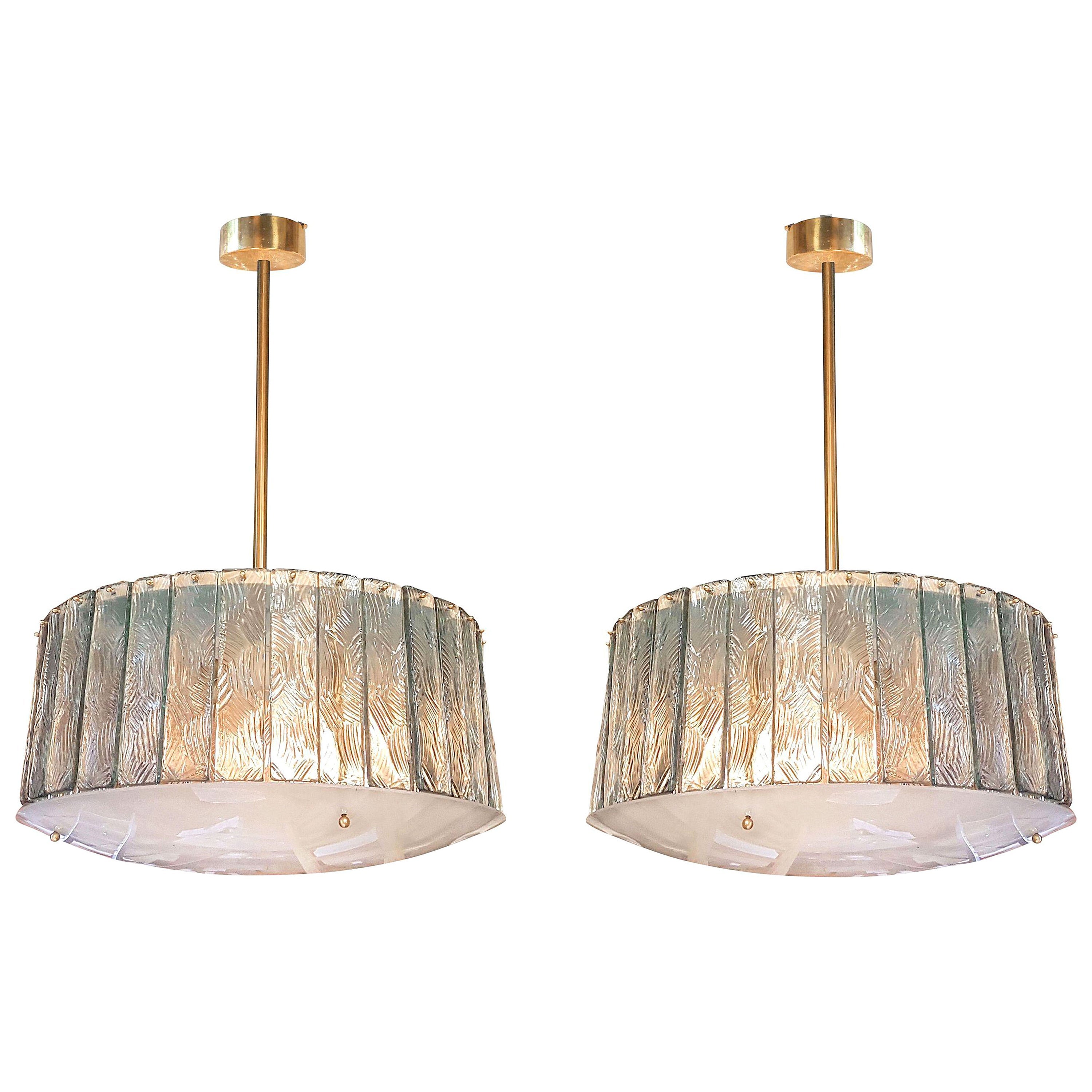 2 Mid-Century Modern Light Green Glass 
Brass Drum Chandeliers Gio Ponti Style