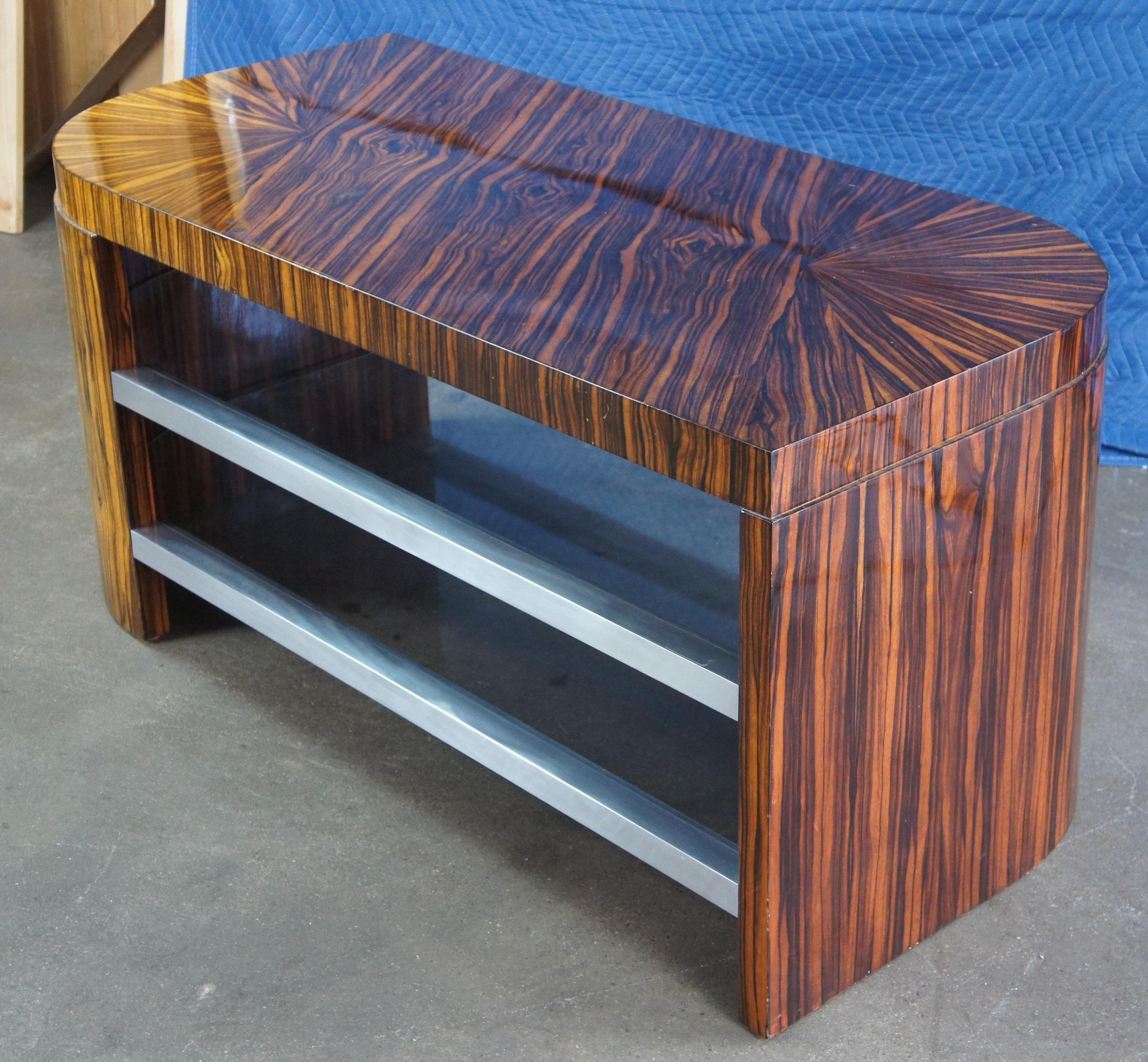 Steel 2 Mid-Century Modern Macassar Ebony Console Coffee Cocktail Tables Art Deco Pair For Sale