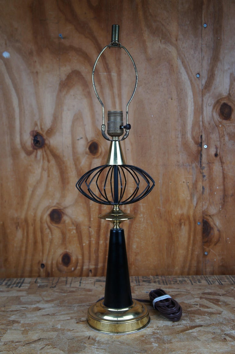 2 MidCentury Modern Metal Wire Brass Atomic Table Lamps and Shades For