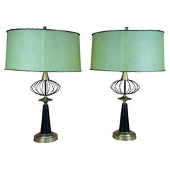 2 Mid-Century Modern Metal Wire Brass Atomic Table Lamps & Shades