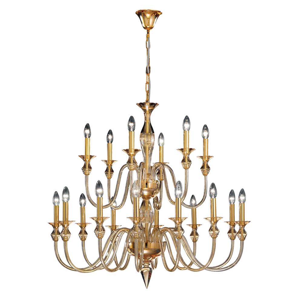 Elegant, sober double-level Venetian glass chandelier or pendant in the Modern Neoclassical tradition composed of twelve lower arms and six upper arms and made of amber glass with brass internal parts. The chandeliers are arranged in perfect