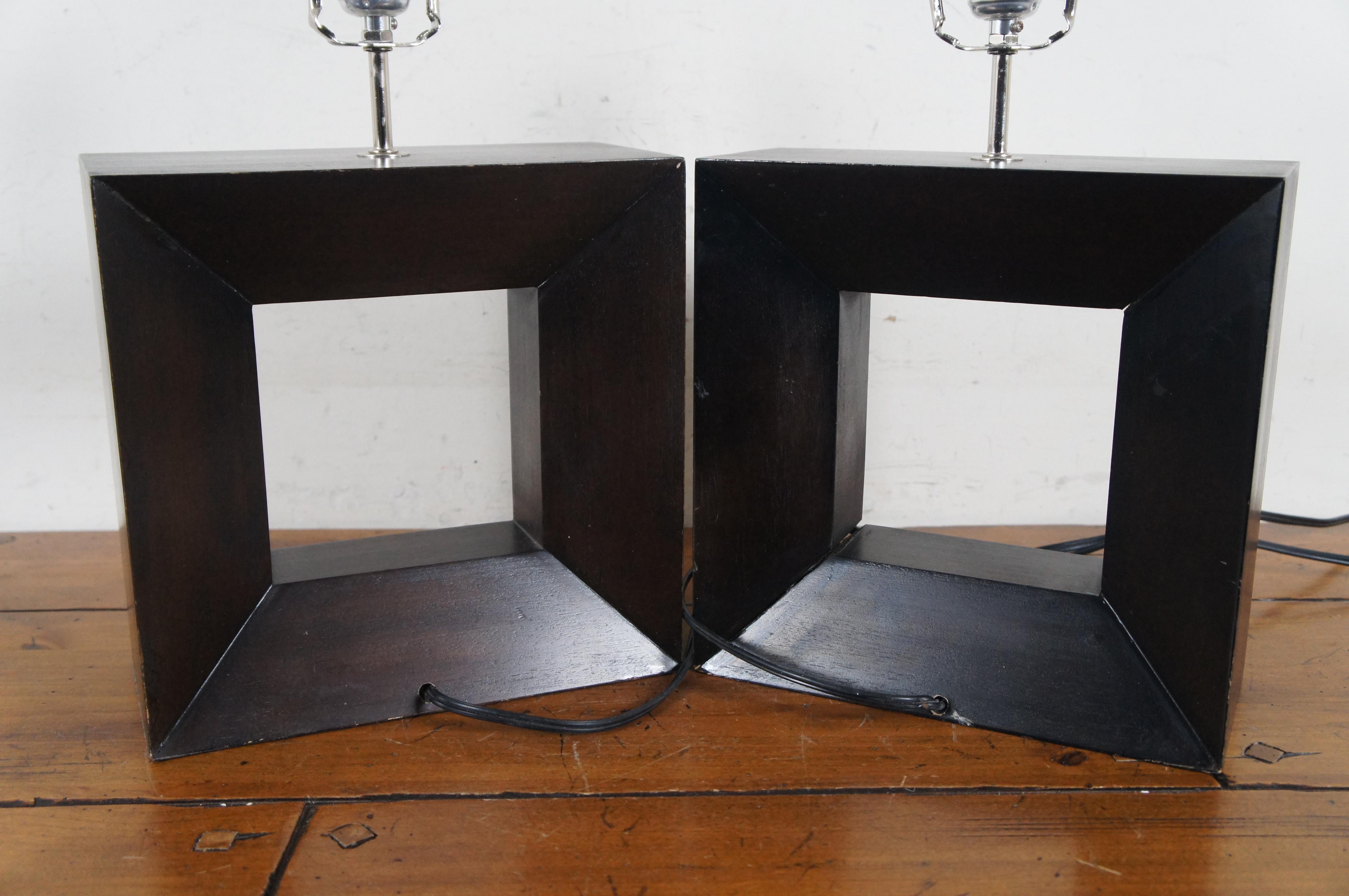 2 Mid Century Modern Pierced Square Geometric Cubed Wood Table Lamps 16