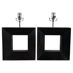 2 Mid Century Modern Pierced Square Geometric Cubed Wood Table Lamps 16"