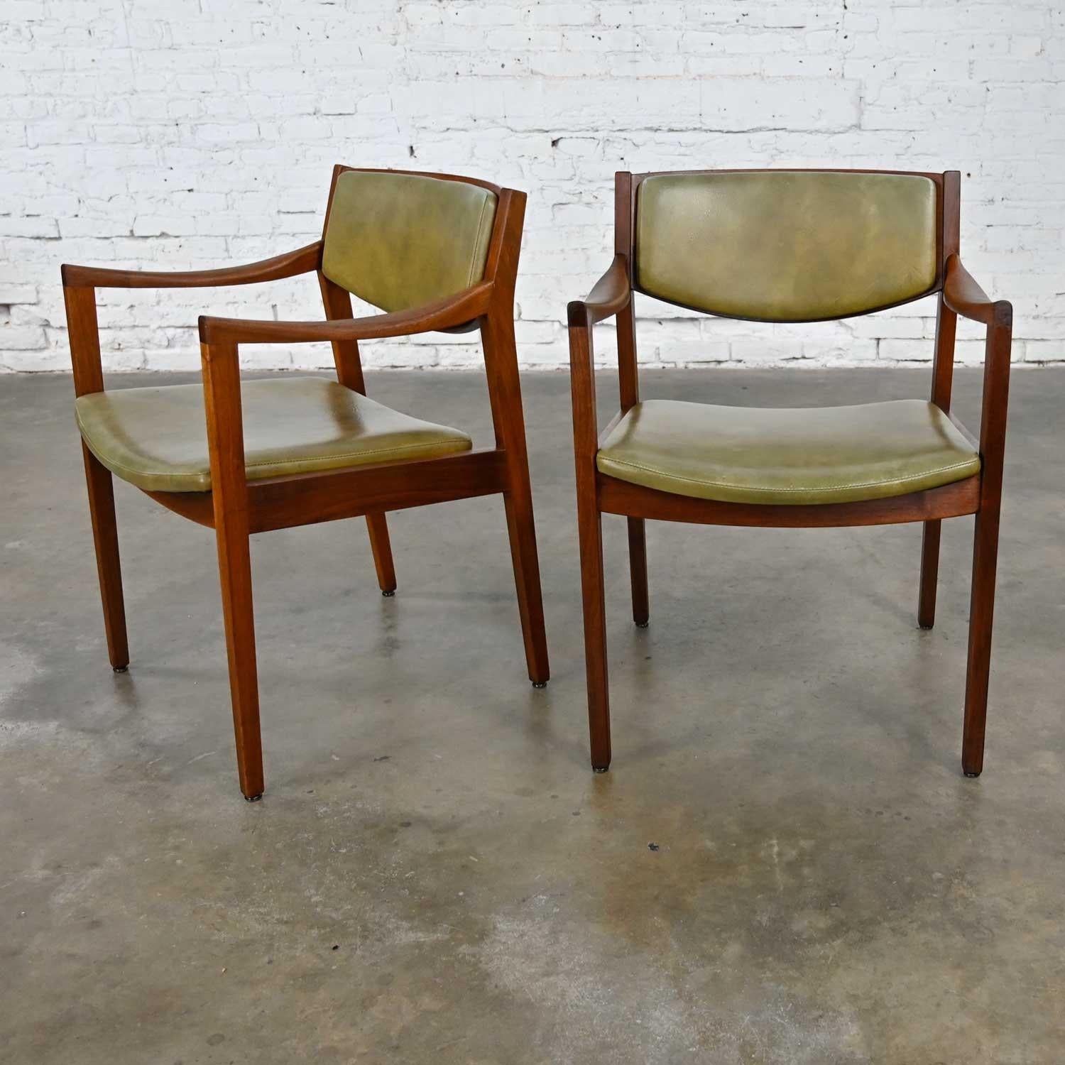 2 Mid-Century Modern Solid Walnut & Olive Green Faux Leather Chairs by Gunlocke 2