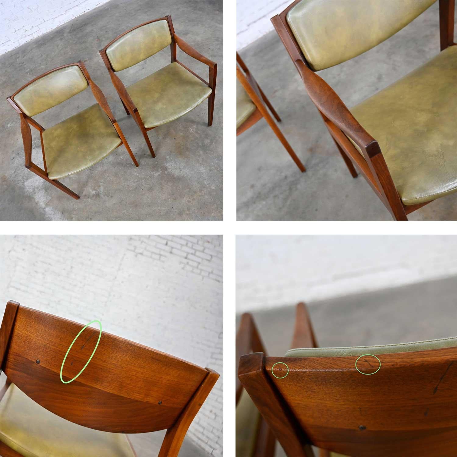 2 Mid-Century Modern Solid Walnut & Olive Green Faux Leather Chairs by Gunlocke 6