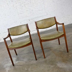 2 Mid-Century Modern Solid Walnut & Olive Green Faux Leather Chairs by Gunlocke