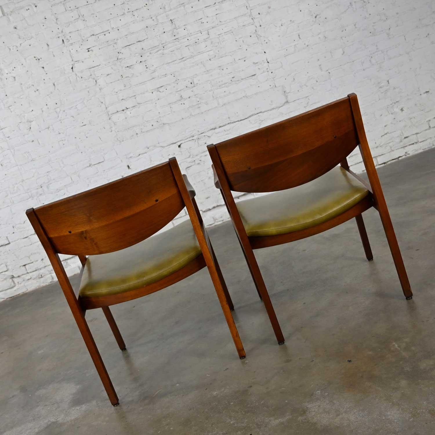 American 2 Mid-Century Modern Solid Walnut & Olive Green Faux Leather Chairs by Gunlocke
