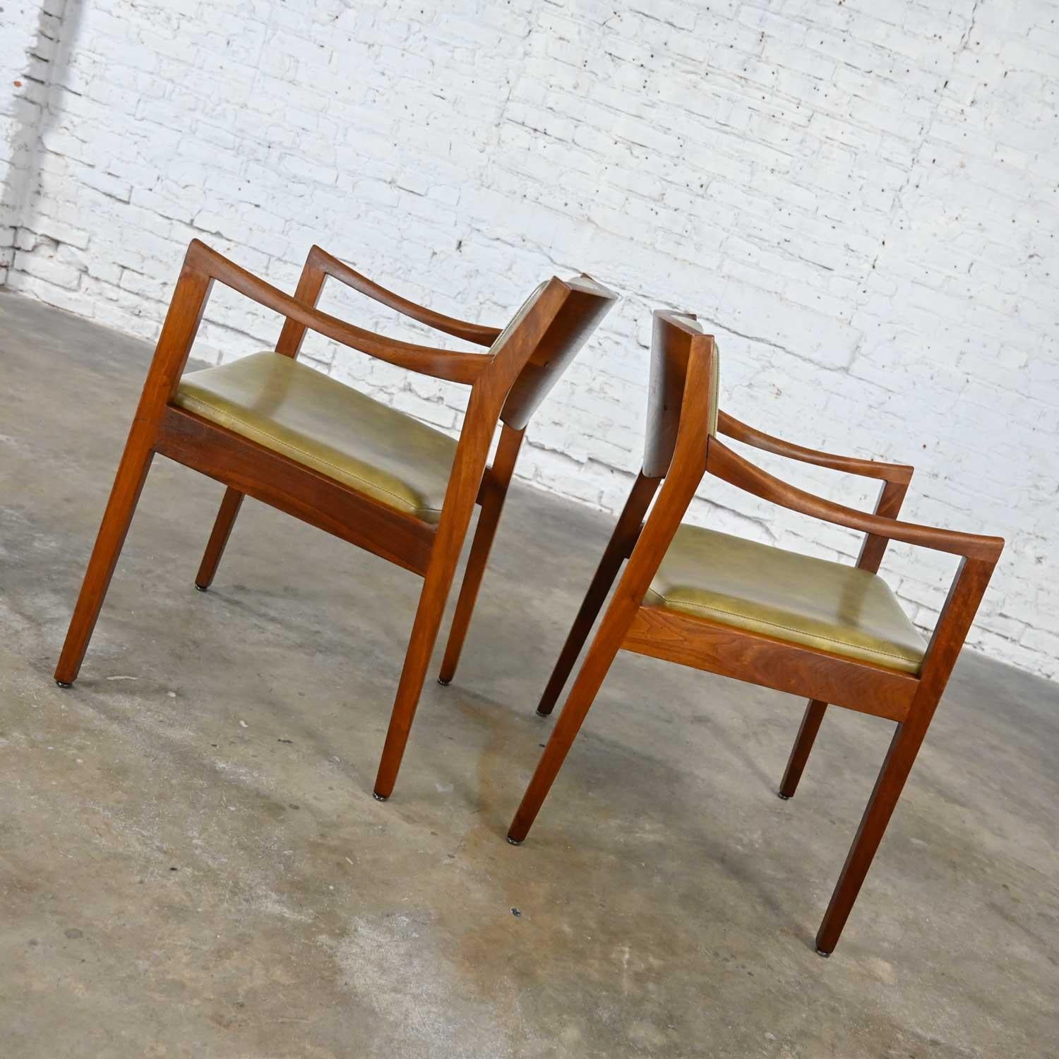2 Mid-Century Modern Solid Walnut & Olive Green Faux Leather Chairs by Gunlocke In Good Condition In Topeka, KS