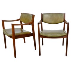 2 Mid-Century Modern Solid Walnut & Olive Green Faux Leather Chairs by Gunlocke