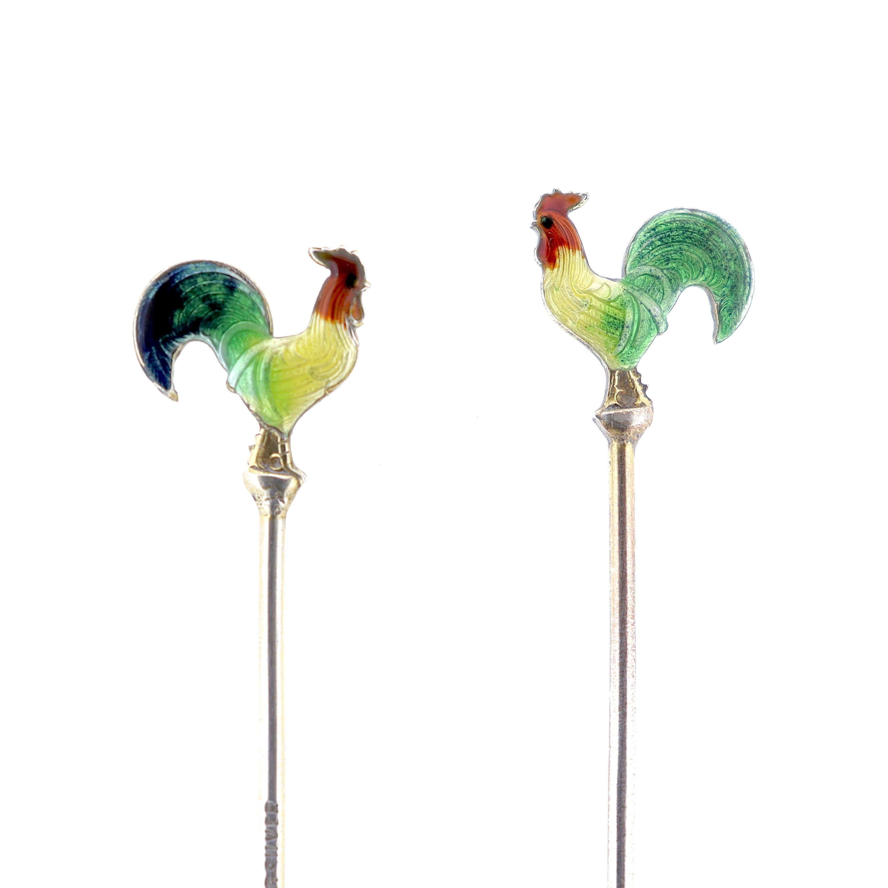 2 Mid-Century Modern Sterling Silver & Enamel Rooster Form Cocktail Picks In Good Condition For Sale In Philadelphia, PA