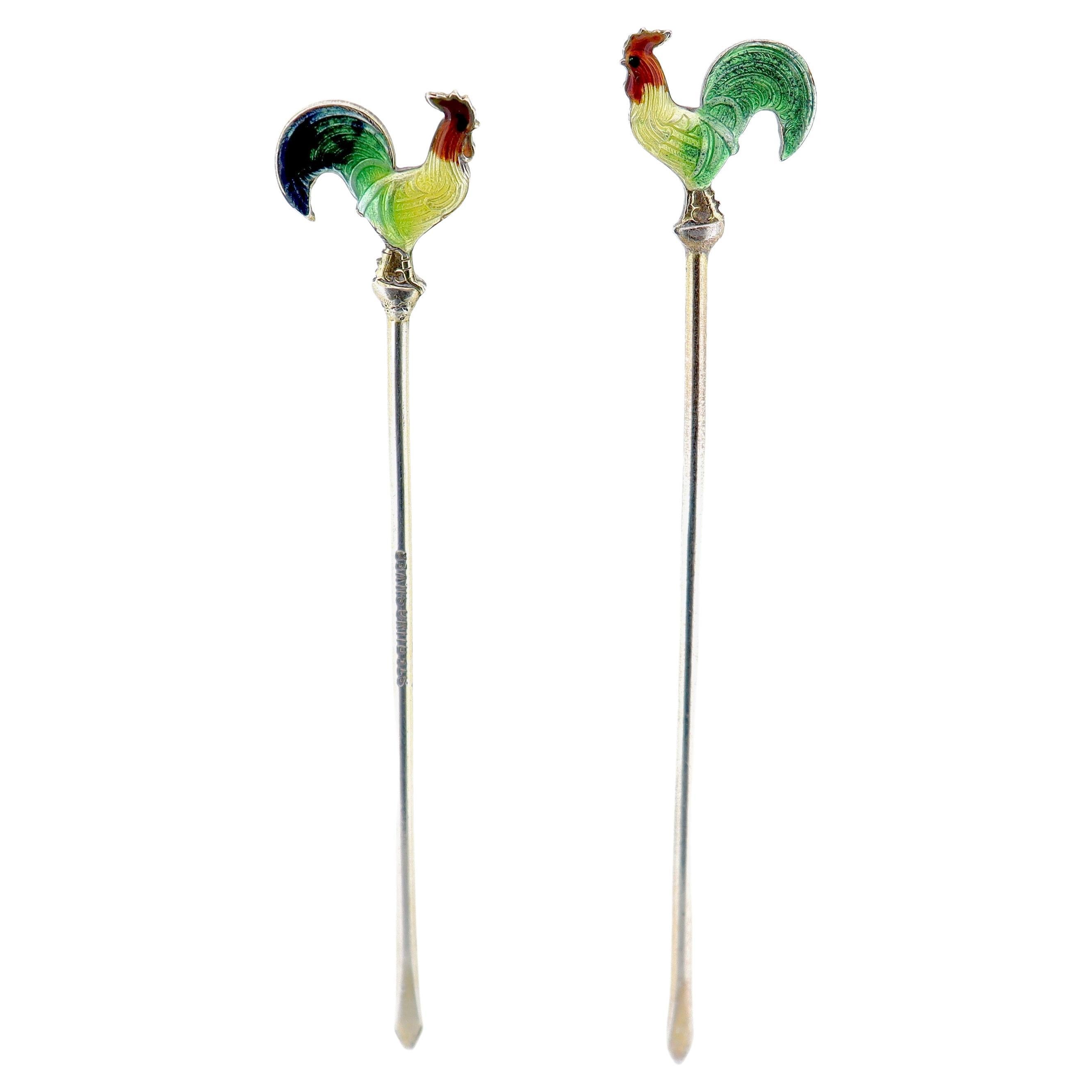 2 Mid-Century Modern Sterling Silver & Enamel Rooster Form Cocktail Picks For Sale