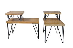 2 Mid Century Modern Tiered Hairpin Leg Pine Slab End Tables Nightstands