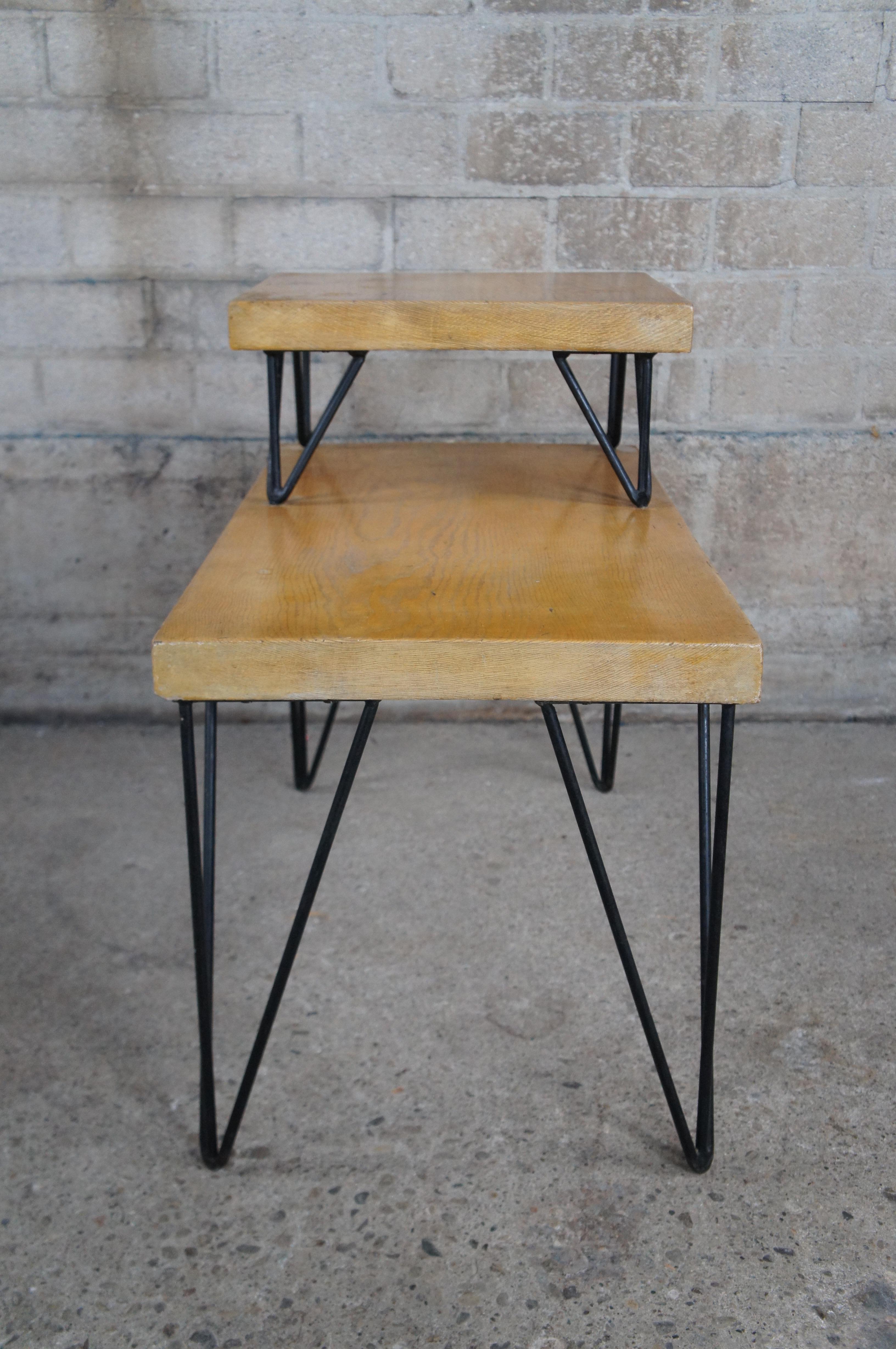 20th Century 2 Mid Century Modern Tiered Hairpin Leg Pine Slab End Tables Nightstands For Sale