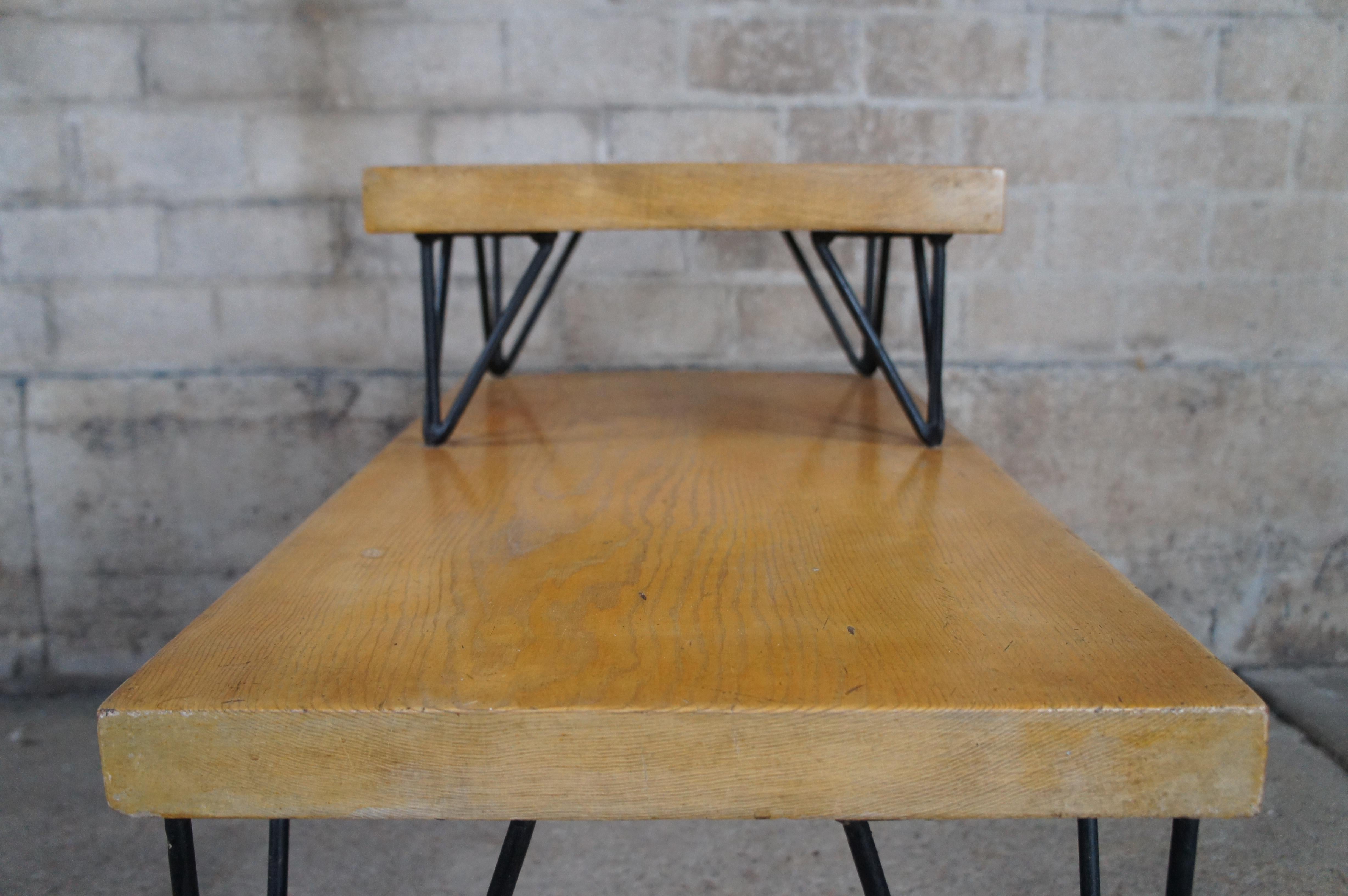 Metal 2 Mid Century Modern Tiered Hairpin Leg Pine Slab End Tables Nightstands For Sale