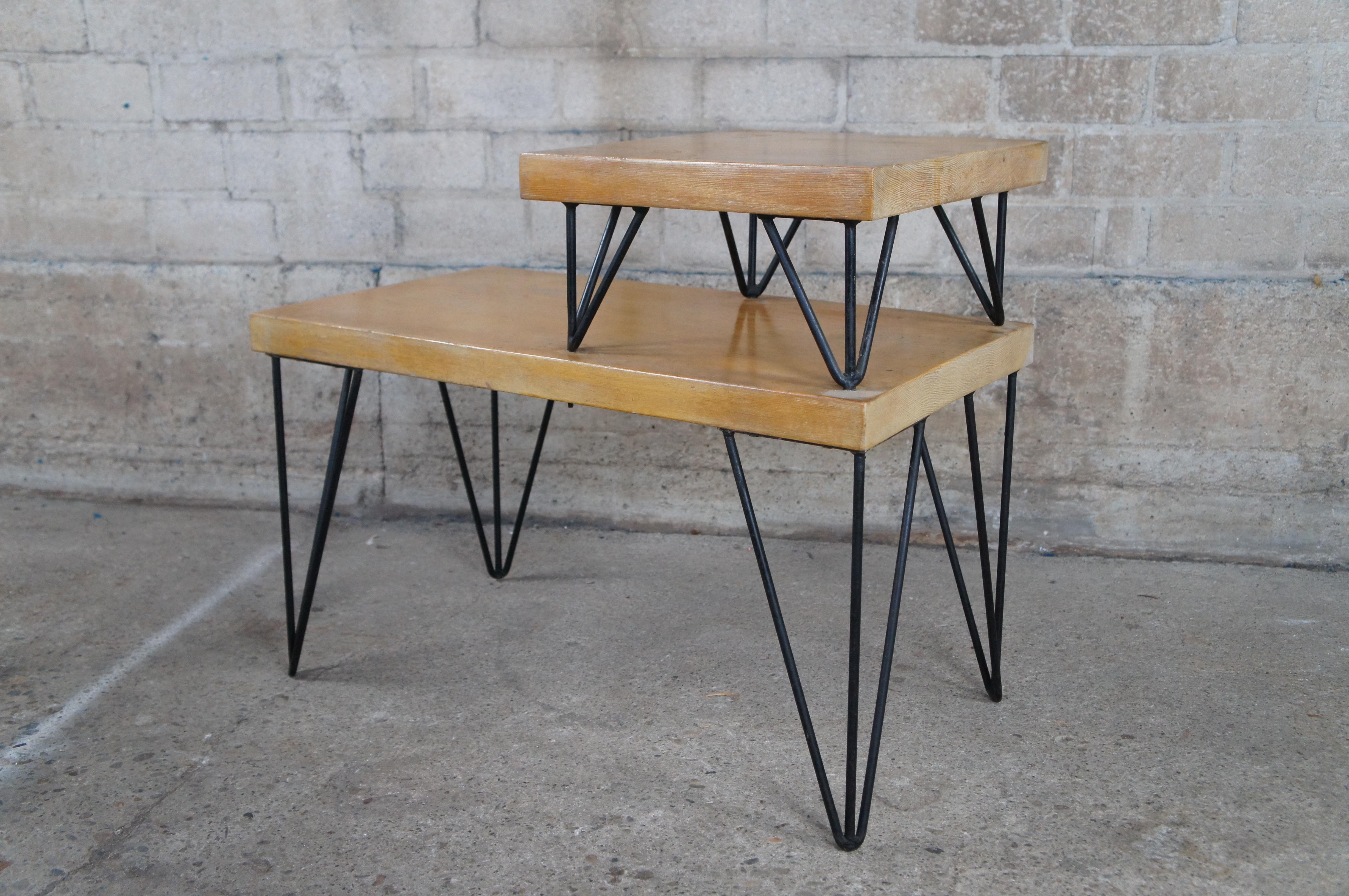 2 Mid Century Modern Tiered Hairpin Leg Pine Slab End Tables Nightstands For Sale 1
