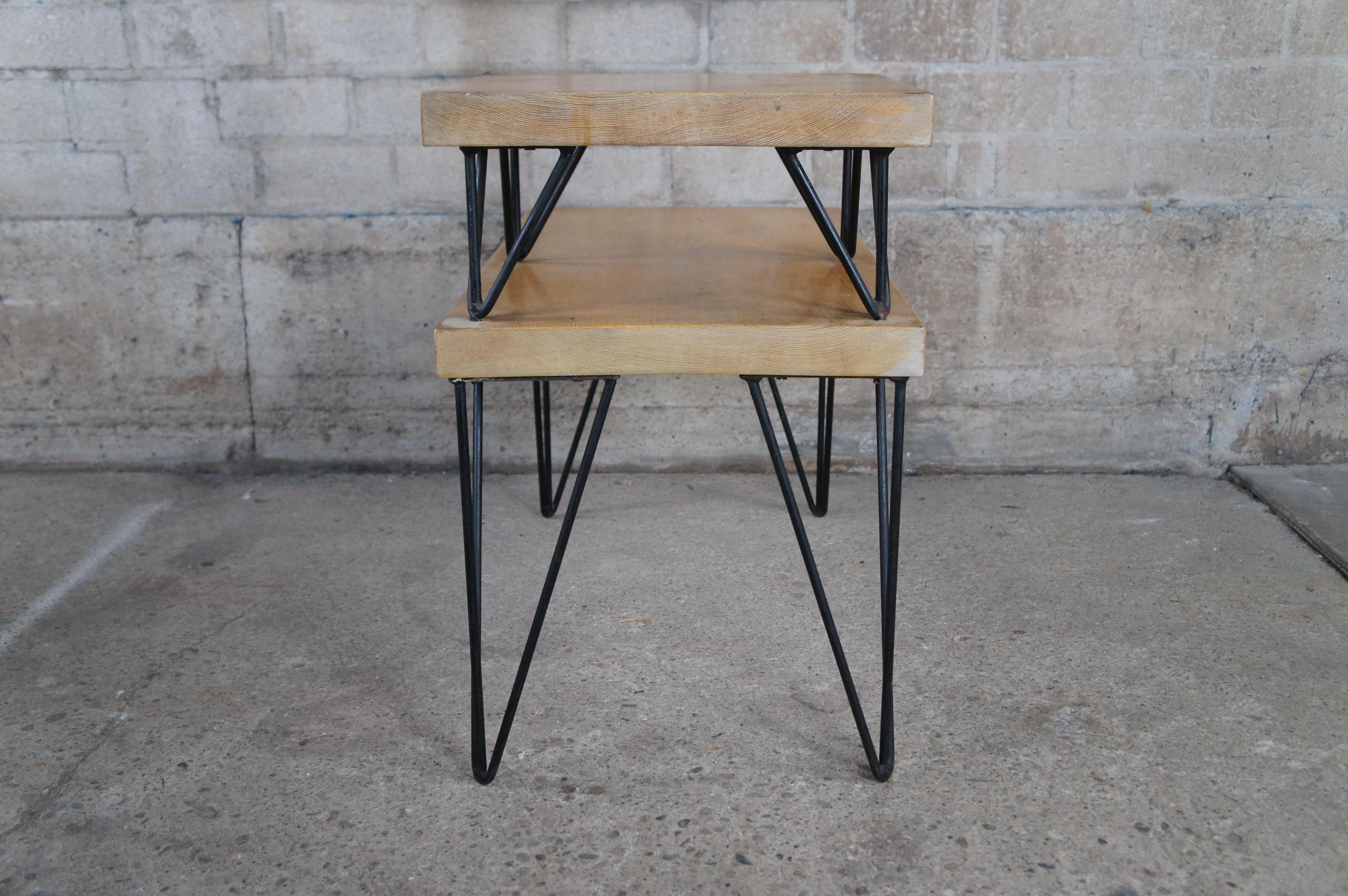 2 Mid Century Modern Tiered Hairpin Leg Pine Slab End Tables Nightstands For Sale 2
