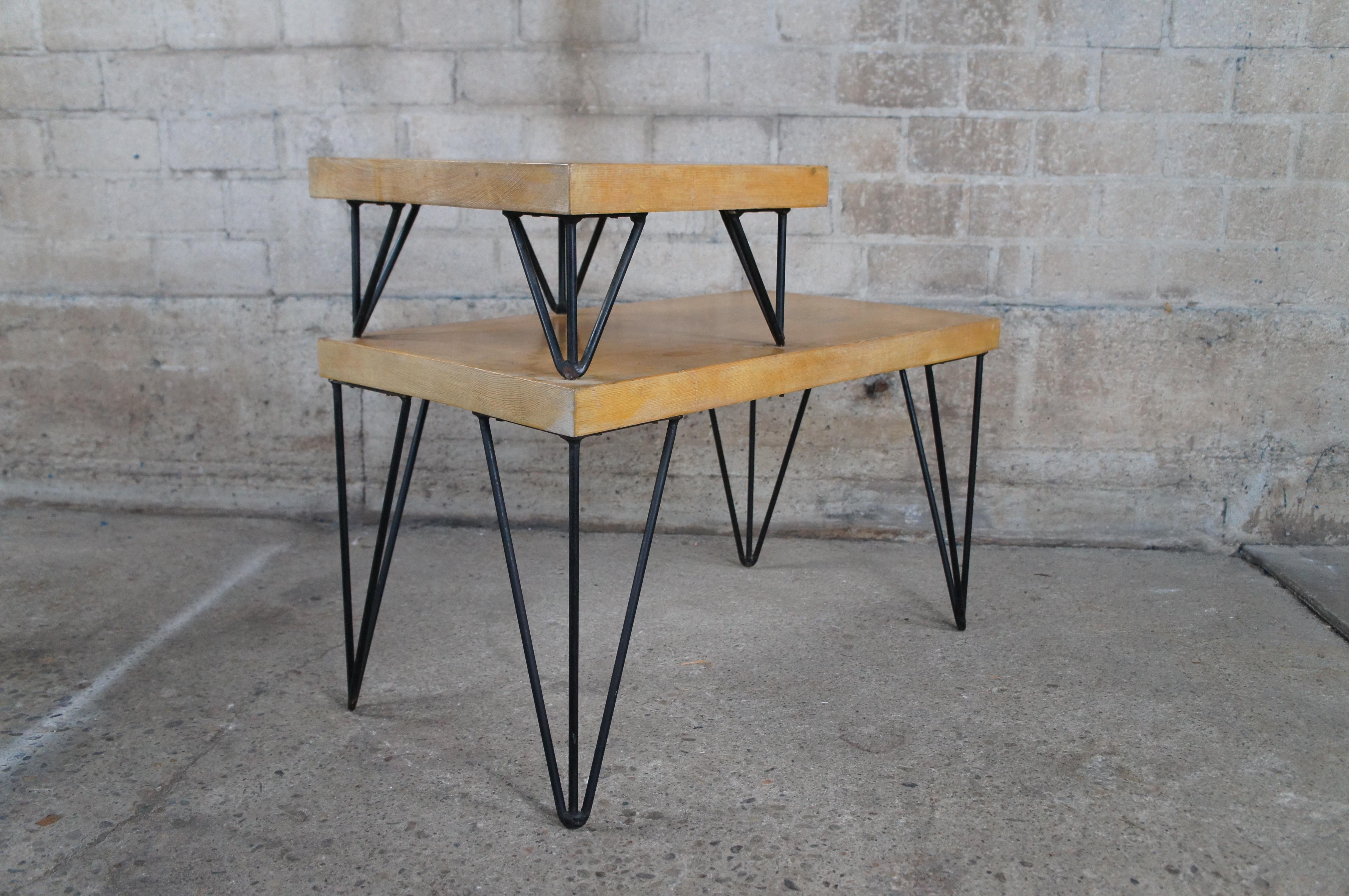 2 Mid Century Modern Tiered Hairpin Leg Pine Slab End Tables Nightstands For Sale 3
