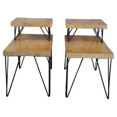 2 Mid Century Modern Tiered Hairpin Leg Pine Slab End Tables Nightstands