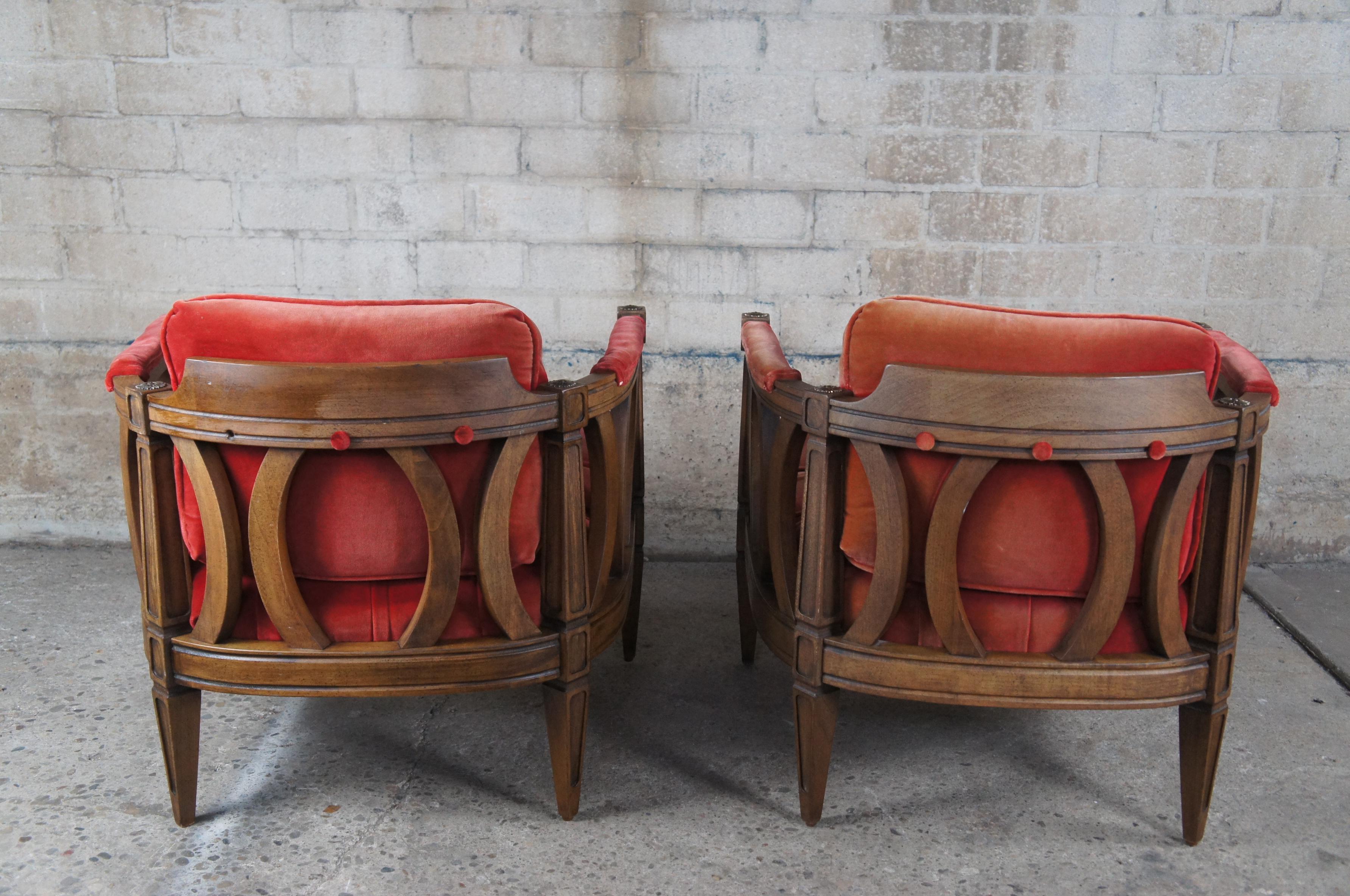 2 Mid-Century Modern Walnut Red Barrel Back Tufted Bergere Lounge Arm Chairs 6