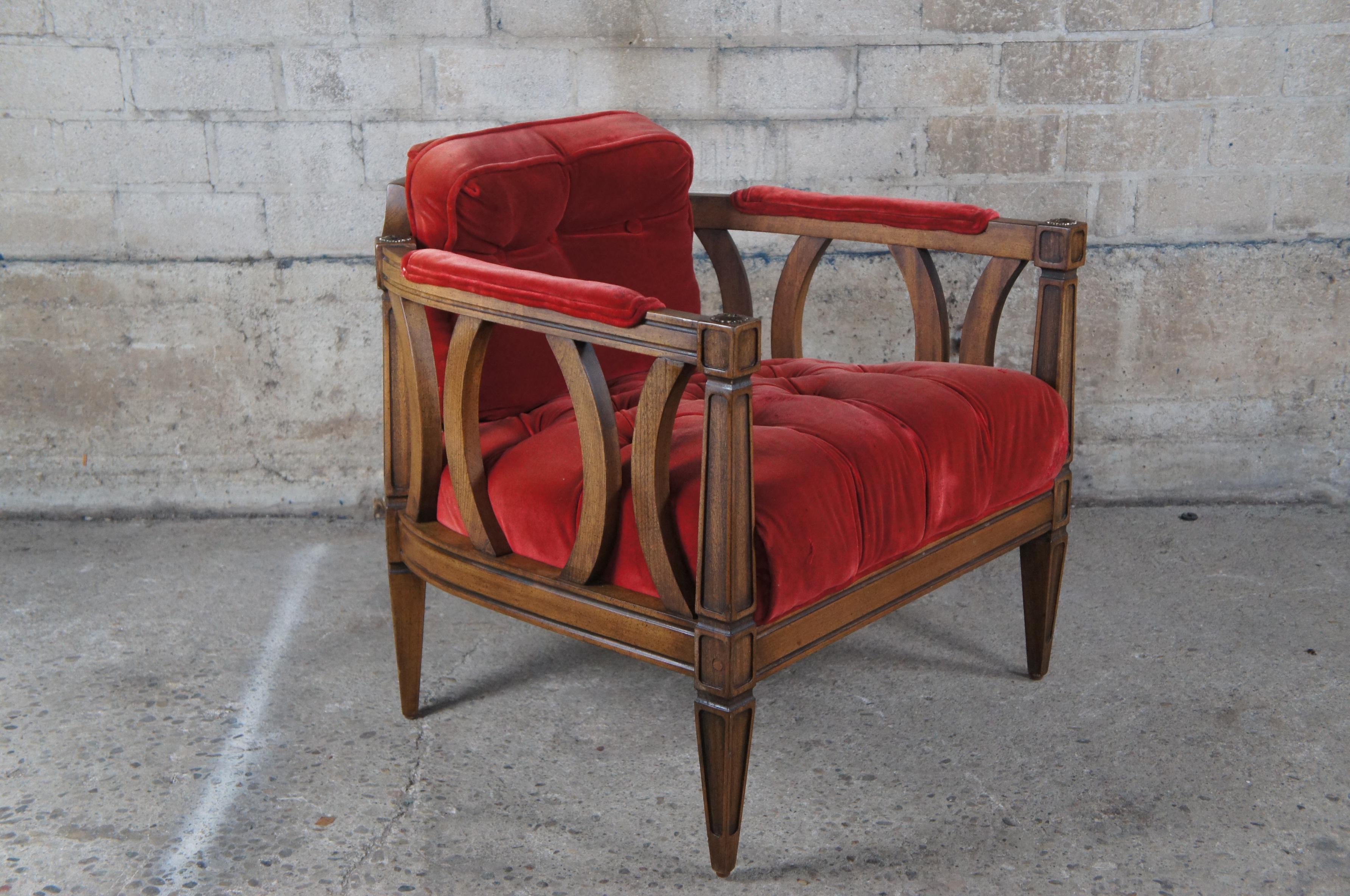 2 Mid-Century Modern Walnut Red Barrel Back Tufted Bergere Lounge Arm Chairs 8