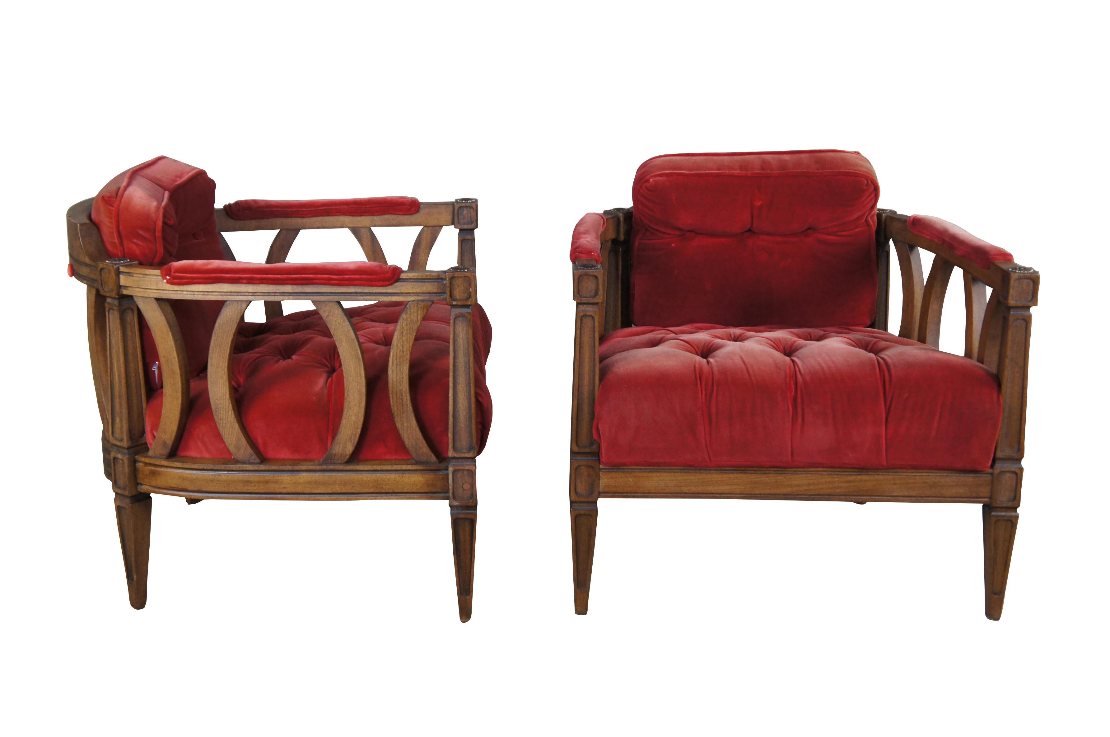 2 Mid-Century Modern Walnut Red Barrel Back Tufted Bergere Lounge Arm Chairs In Good Condition In Dayton, OH