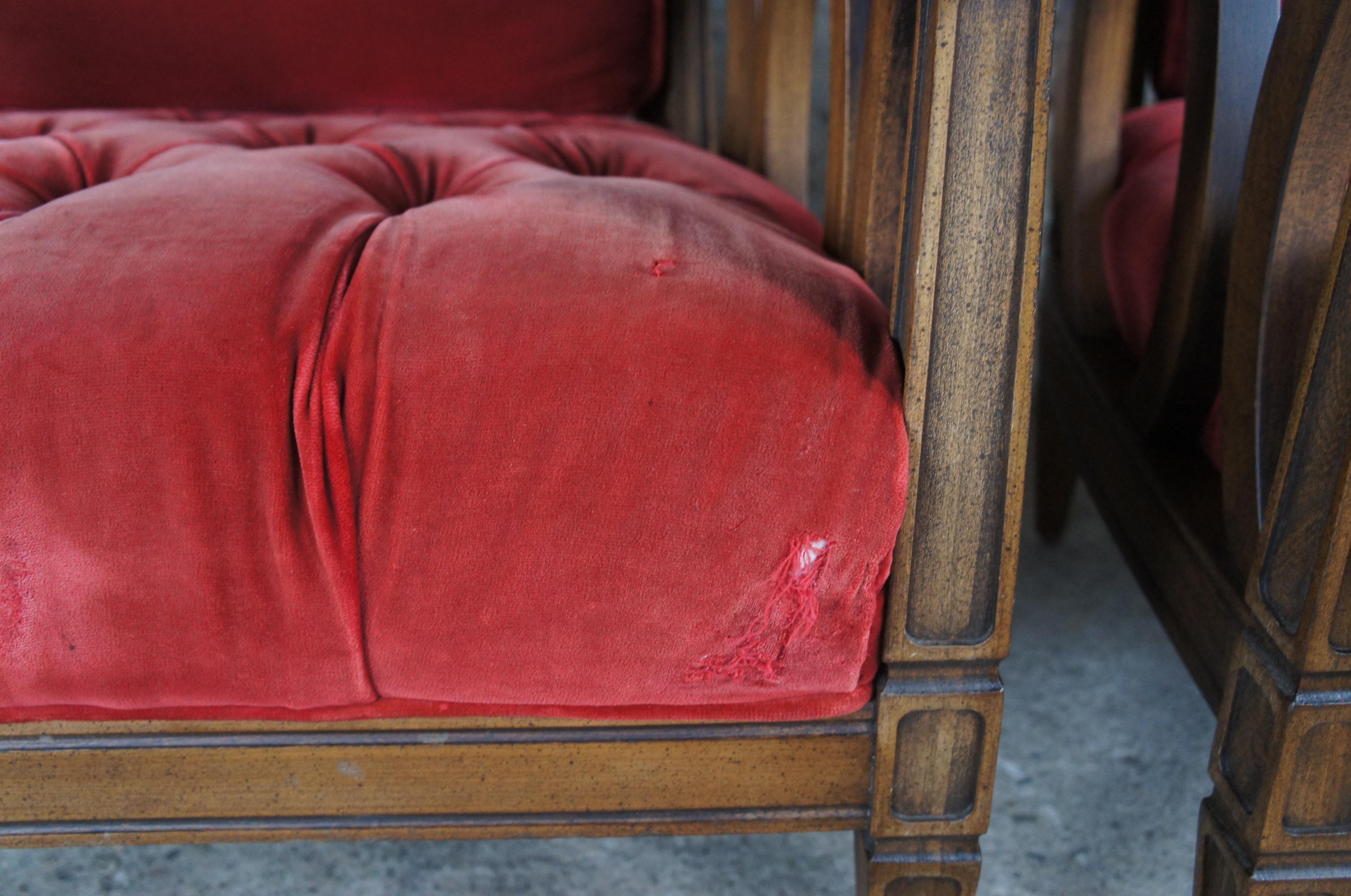 20th Century 2 Mid-Century Modern Walnut Red Barrel Back Tufted Bergere Lounge Arm Chairs