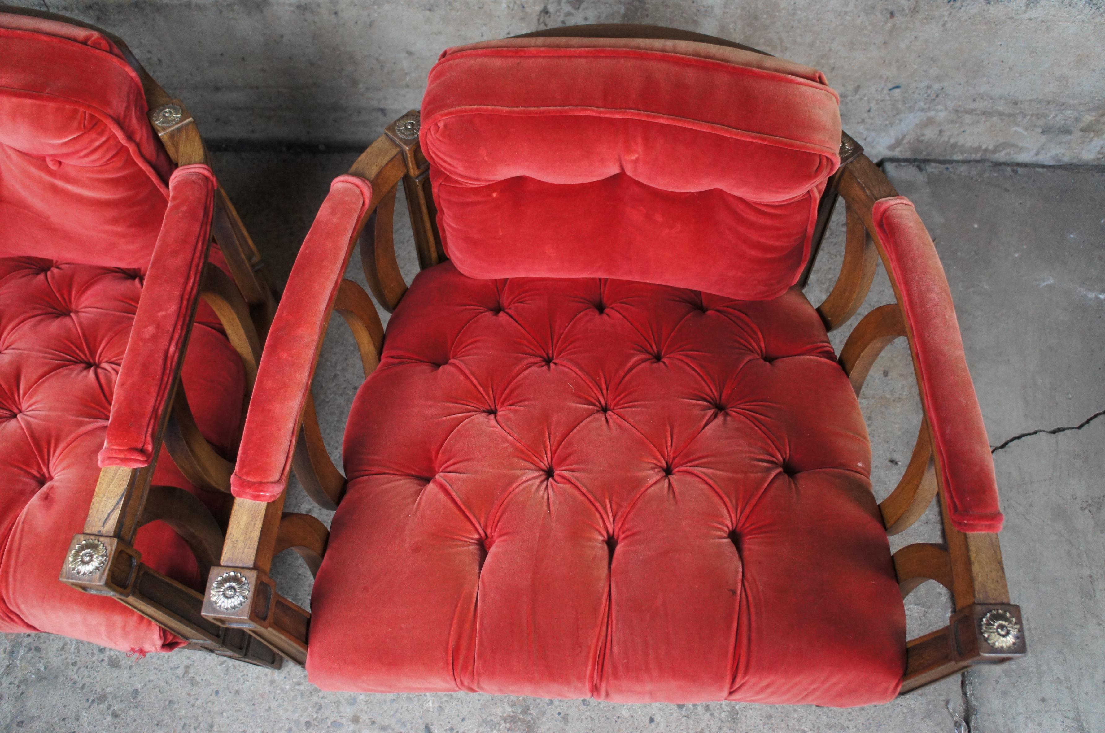 2 Mid-Century Modern Walnut Red Barrel Back Tufted Bergere Lounge Arm Chairs 2