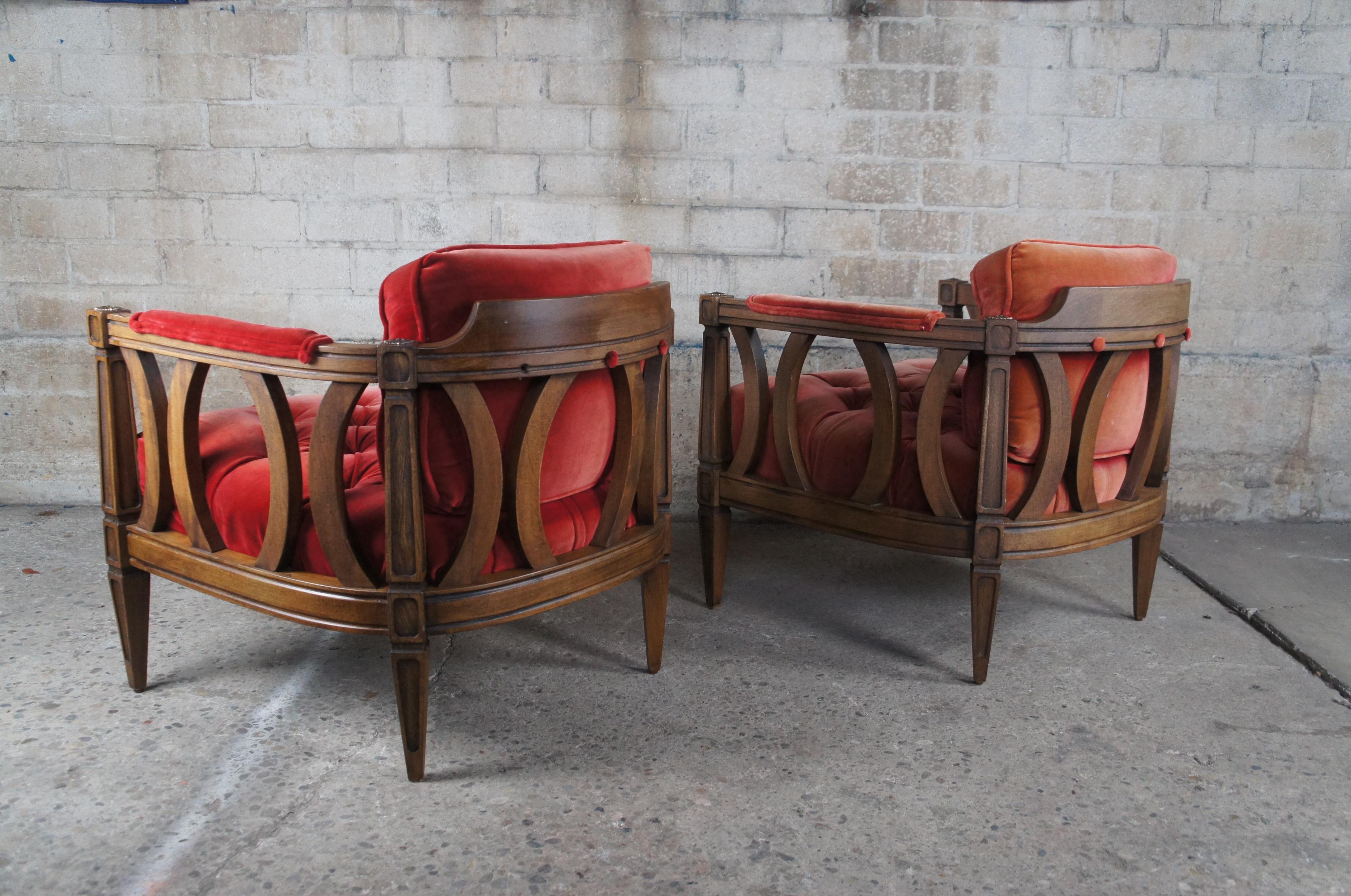 2 Mid-Century Modern Walnut Red Barrel Back Tufted Bergere Lounge Arm Chairs 5