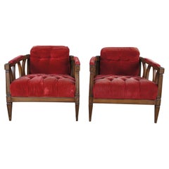 2 Mid-Century Modern Walnut Red Barrel Back Tufted Bergere Lounge Arm Chairs