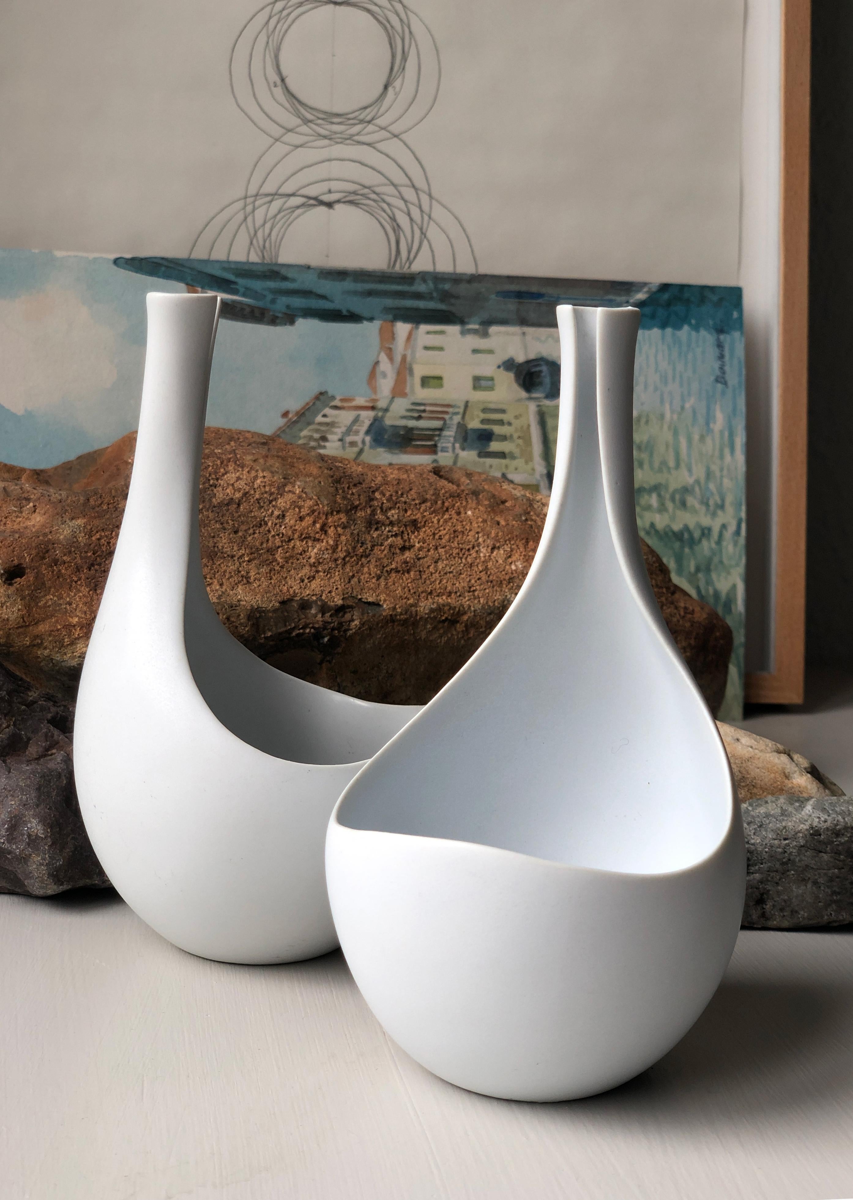 2 Mid-Century Modern White Vases 